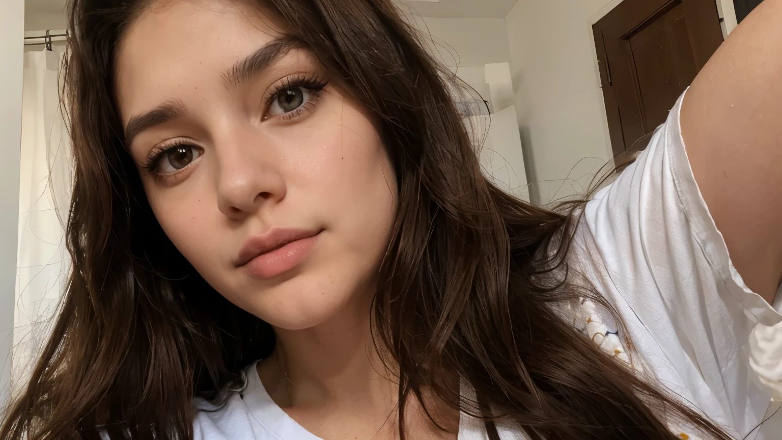 The selfie of a 19-year-old Spanish girl with long and voluminous brown hair, nariz delgada labios grandes y regordetes, perfectos ojos color negro, long eyelashes, Maquillaje natural y con camiseta sin mangas, escote