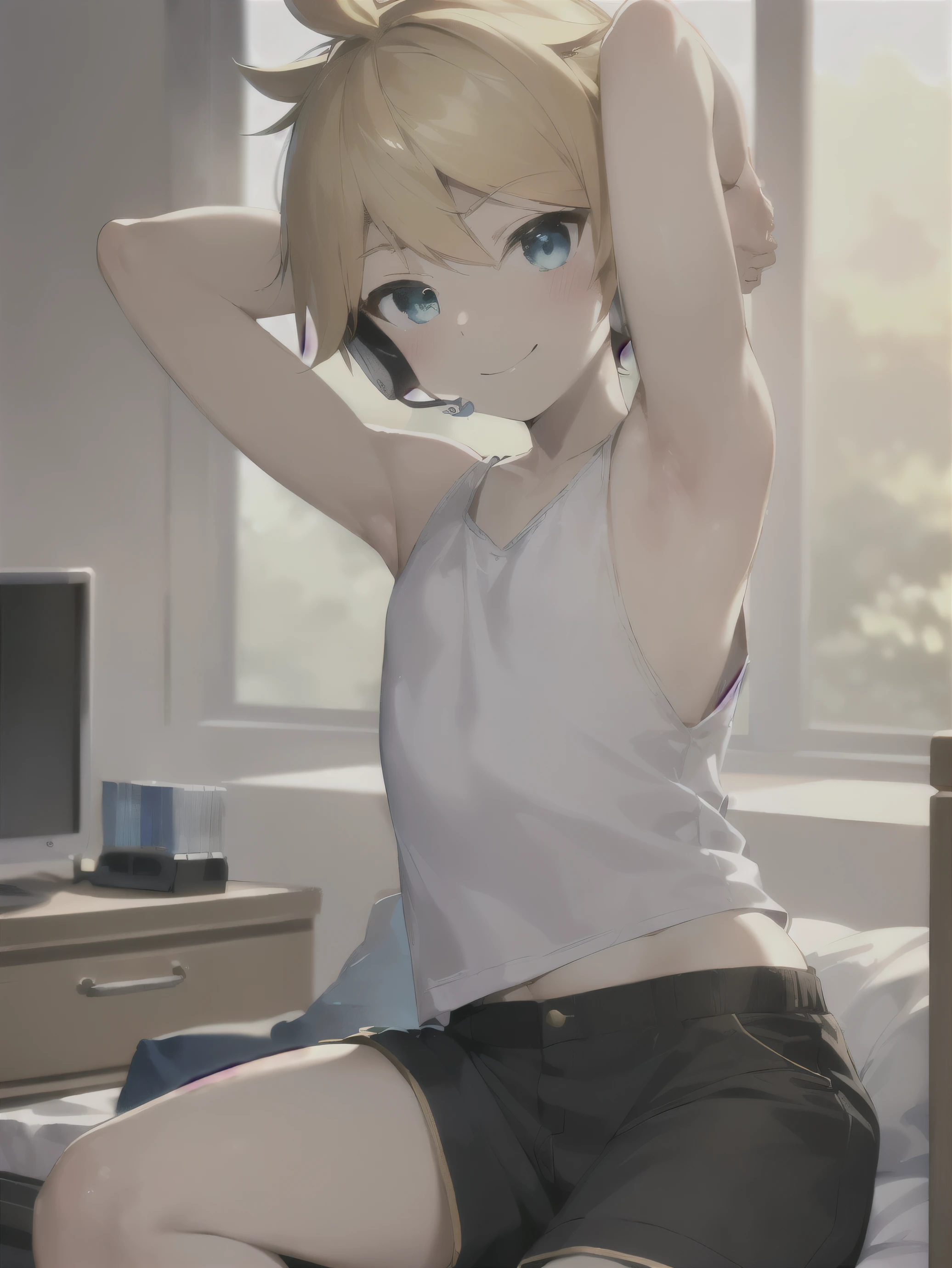 (masterpiece, best quality, ultra precision, (one boy), Young boy, Shota, Kagamine len, Blonde hair, Cowlick, bedroom, character focus, black short pants, Tank top, innocent, slender, blush, cute, cool, smile a little, happy, Headphones, handsome, high school student, male model, attractive boy, (Showing armpit:1.3)