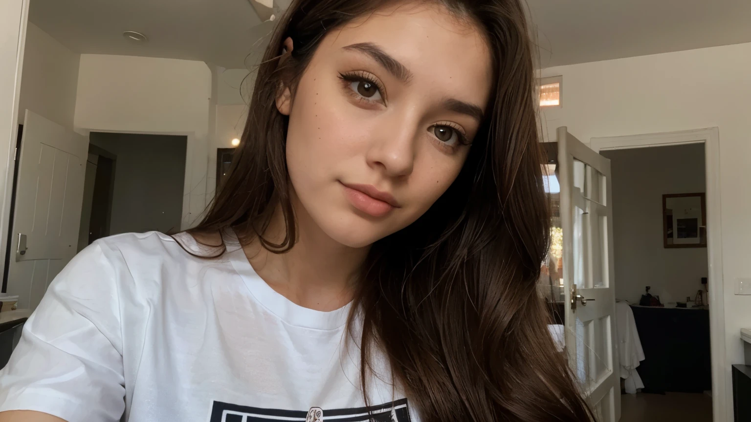 The selfie of a 19-year-old Spanish girl with long and voluminous brown hair, nariz delgada labios grandes y regordetes, perfectos ojos color negro, long eyelashes, Maquillaje natural y con camiseta sin mangas, escote