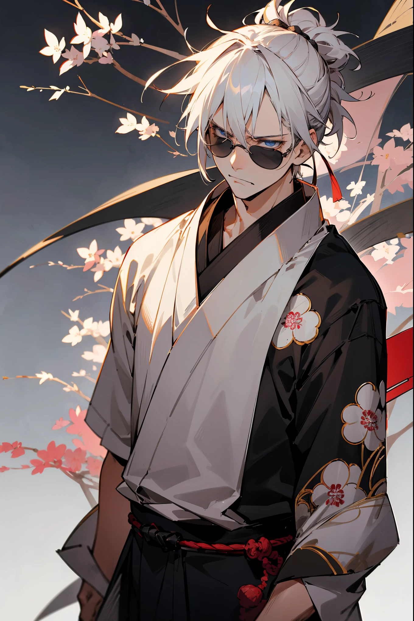 1male, teenager, white hair, short hair, messy man bun, blue eyes, ((black aviators)), white yukata, black underclothing, (old japan background), detailed background, standing on path, annoyed expression, old japan town background, sakura