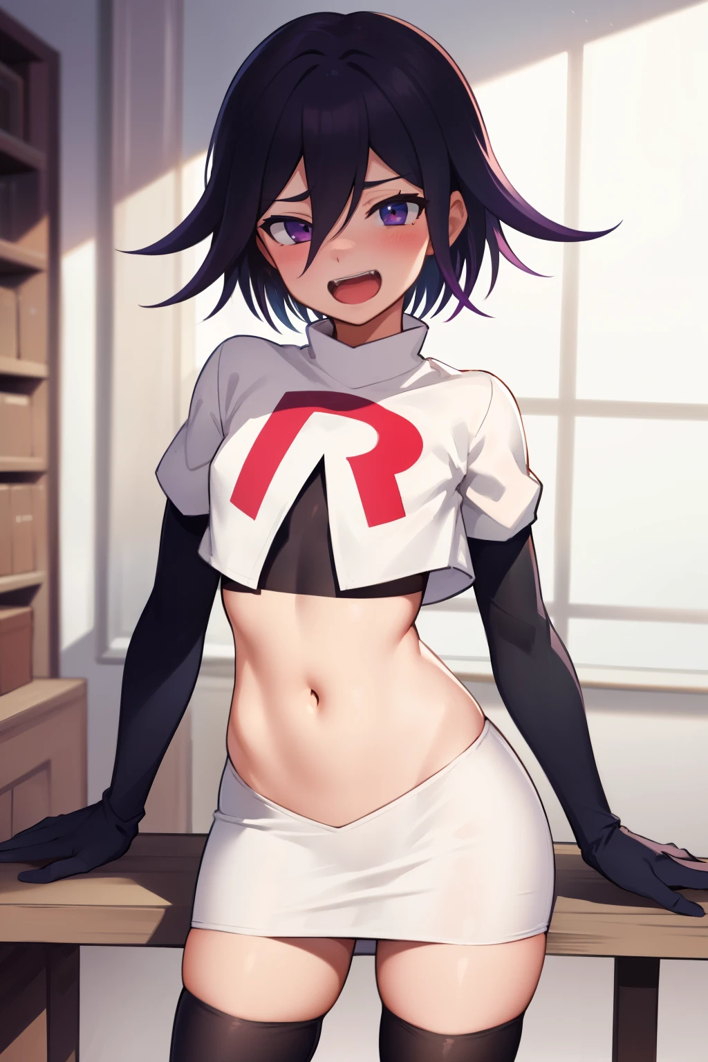 absurdres, cowboy shot, solo, male focus, trap, 1boy, crossdressing,1boy, oma kokichi, team rocket,team rocket uniform, red letter R, white skirt,white crop top,black thigh-highs,black elbow gloves, evil laugh, blush