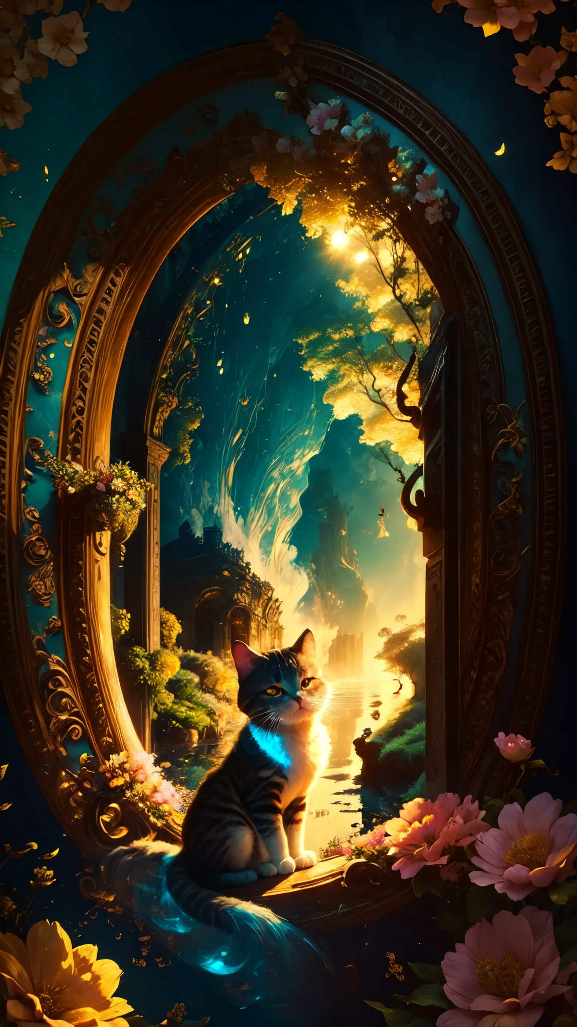 a whimsical flower-themed cat sitting in a beautiful castle garden. The cat has vibrant, colorful fur with intricate floral patterns. It wears a crystal tiara on its head, adding a touch of elegance to its appearance. The castle is grand and majestic, surrounded by blooming flowers of various shapes and colors. The garden is filled with lush greenery, creating a serene and enchanting atmosphere. The lighting in the scene is dreamy and dynamic, casting soft, golden rays that illuminate the flowers and the cat. The artwork is created using super cute digital art techniques, incorporating detailed textures and shading. The overall quality of the image is top-notch, with high-resolution details and vivid colors that bring the scene to life. It's a masterpiece that captures the beauty and whimsy of a flower cat in a castle garden.