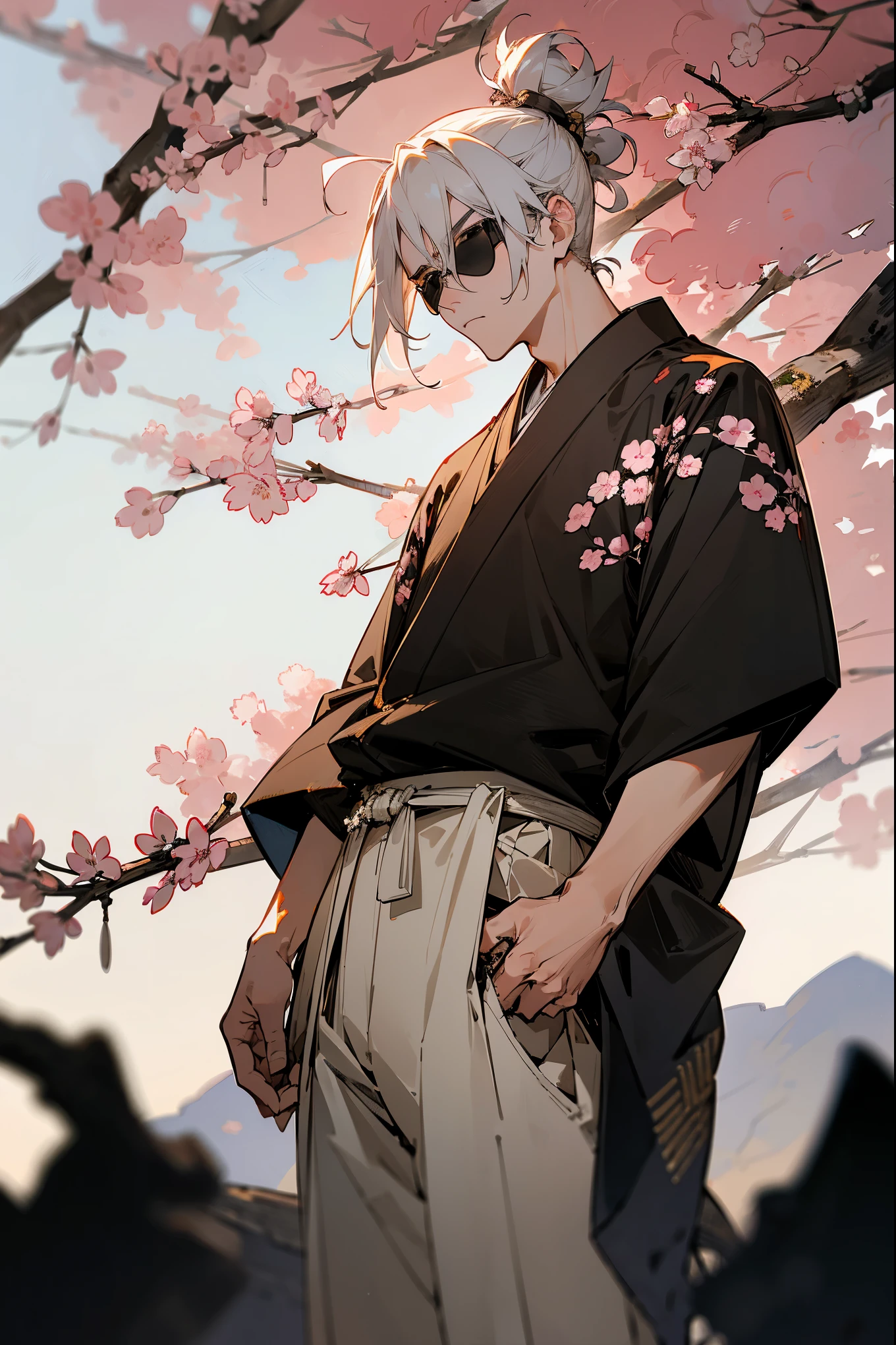 1male, ager, white hair, short hair, messy man bun, blue eyes, ((black aviators)), white yukata, black underclothing, (old japan background), detailed background, standing on path, annoyed expression, old japan town background, sakura trees
