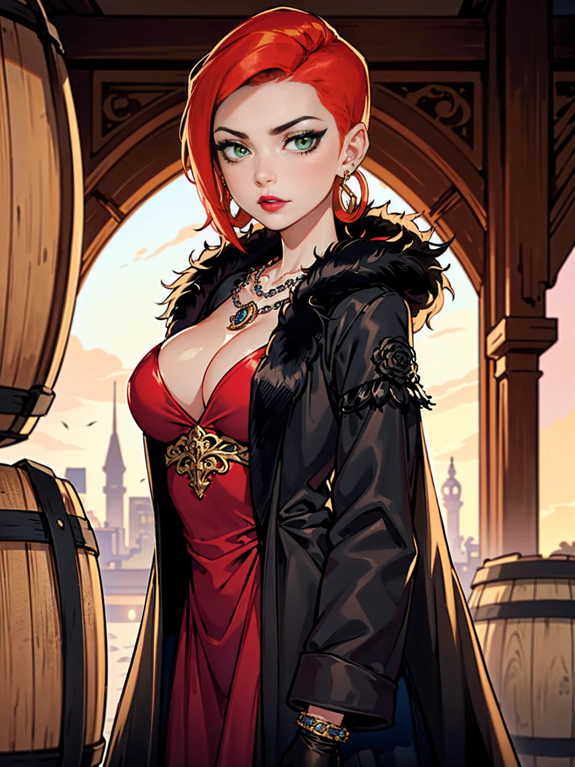 ((gwendolyn_tennyson, big breasts, shaved side hair, fitness, short hair, wide hips, malicious)), ((pink lipstick, Extremely detailed, ambient soft lighting, 4k, perfect eyes, a perfect face, perfect lighting, a 1girl)) austere, (anime style image, (masterpiece), best quality, expressive eyes, perfect face, cleavage, ((long dark red dress, red royal dress:1.3, ((royal red dress, ornate long dress, extravagant long dress)), sexy dark red dress)), (((black fur coat:1.4), (ornate dress))), bracelet, winery,wine barrels backgroudn, standing on a barrel, sexy pose, looking at viewer)), eyeshadows, eye liner,glistening eyes, hyper detailed eyes, intricate eyes, beautiful eye, gloves, leather gloves, silver bracelets, amethyst necklace, hoop earrings)