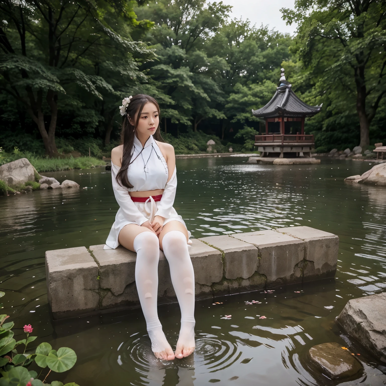 hanfu, 1girl, medium breasts, Dekollete, Berg, soaking feet, Sitzung, Chinesischer Parkhintergrund,white thigh high socks,klares Wasser,(feet:1.3), zu viele Blumen,  