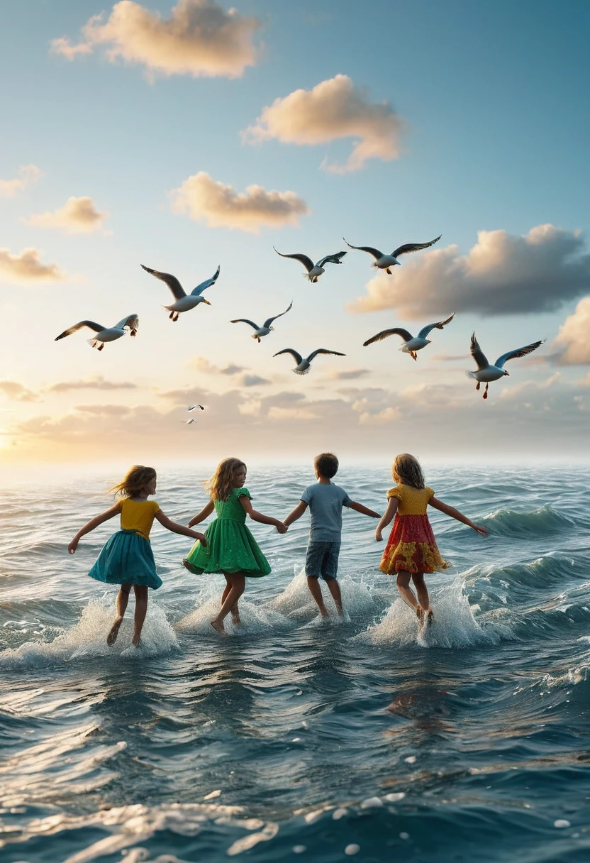 ((several children dancing in the middle of the sea, on the surface of the sea:1.5)), waves clouds, sunset, seagulls, epic:1.4, ((eye-catching and colorful:1.5)), ((Imaginative scene)), (( highly detailed: 1.4), ((Masterpiece)), (children Hyper-detailed and beautiful: 1.3), (Photorealistic: 1.4), 8k.