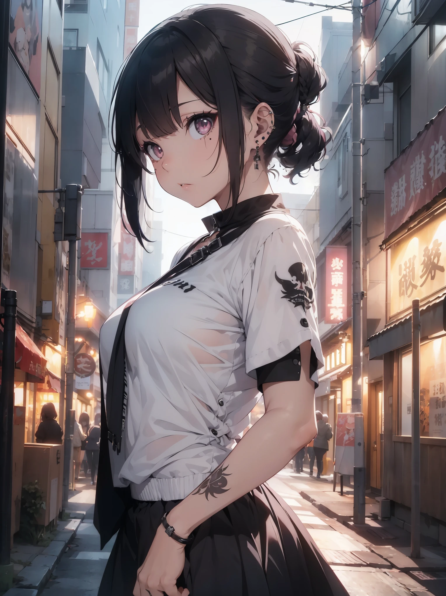 straight fadecut haired, punkガール, Without mohawk sleeves, tattoo, headphones, 🎧, goth_punk, 1 girl, alone, medium shot, walking in harajuku, ((in the middle of the night)), Bokeh, neon light, iridescent eyes, gray eyes, red glowing hair, black eyebrows, Radiant hair, (iridescent red hair), lots of earrings, Labret, Facial piercing, 前hair, jewelry, mask, blunt 前hair, 口mask, blurry background, blurry, hair adornments, look at the audience, short hair, portrait, profile, goth, (masterpiece), (portrait), (beautiful), (beautiful), (Upper body), (high quality), (beautiful服), (Professional angle), (Rule of thirds), (feminine), (woman), (woman), (beautiful), (feminine features), (25 years old), alone, woman1名, (Charming punk girl), dramatic light, ((playing the guitar)), (Are standing), it isdgy makeup, (huge breasts), (front), (resist的な表情), ((resist)), (レザージャケットとtattoo), ((Short hair)), (dyed (it is.G. and pink) hair), (spiky hair), (Thick hair), matte shine hair, (Hair bands scattered in the hair), (gray eyes), (bold and bold look), (white skin), (dark clothes), (band t-shirt), (ripped jeans), (-), Crew neck), ((city alley background)), (close up shot), beautiful hands, both hands, normal hand, upper arm, full hand, beautiful body, beautiful fingers, normal fingers, five fingers, five fingers, (thumb index finger ring finger), beautiful ears, normal ear, beautiful eyes, shining eyes, beautiful mouth, beautiful lips, tattoo, black gloves,