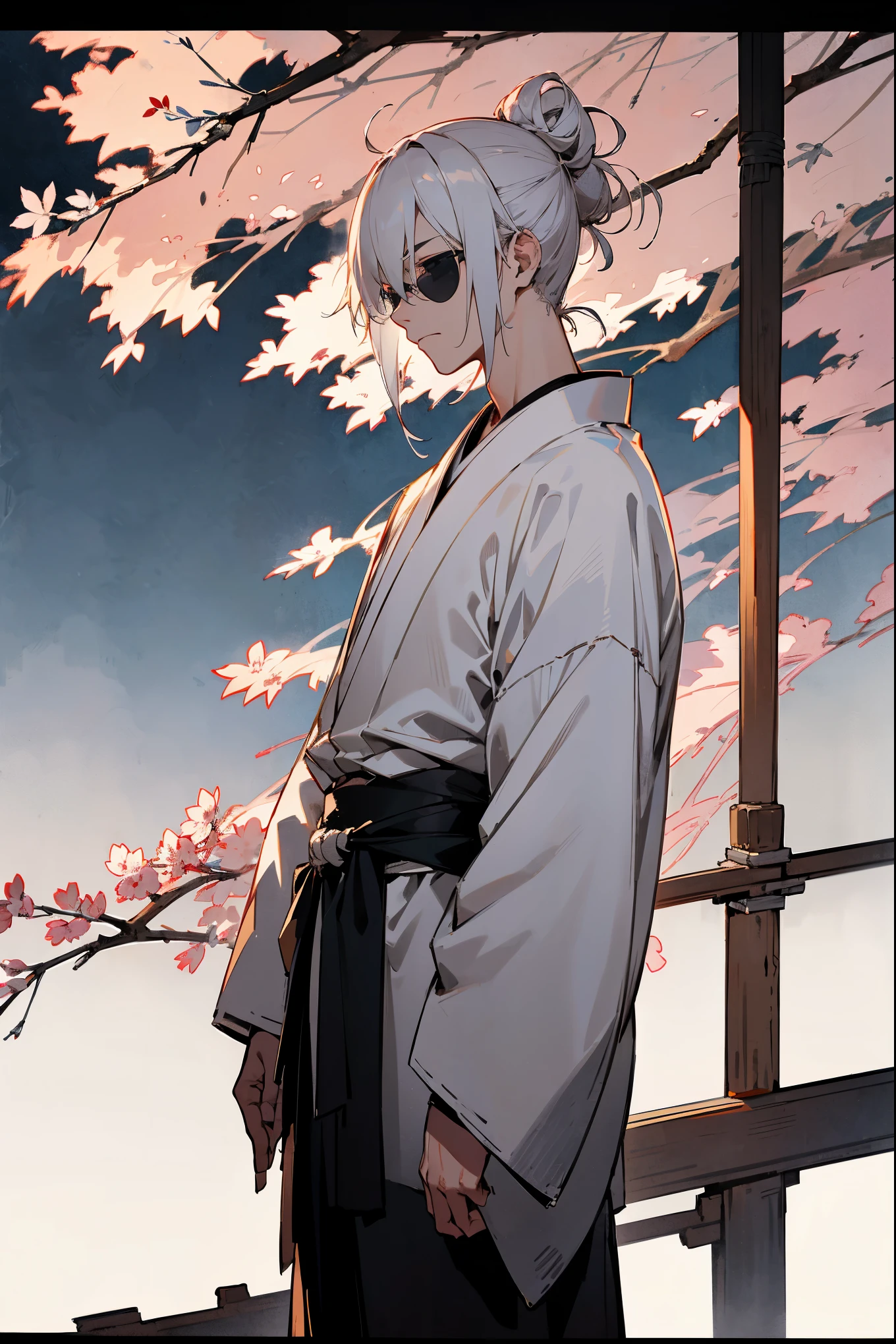 1male, teenager, white hair, short hair, messy man bun, blue eyes, ((black aviators)), white yukata, black underclothing, (old japan background), detailed background, standing on path, expressionless, emotionless, old japan town background, sakura trees