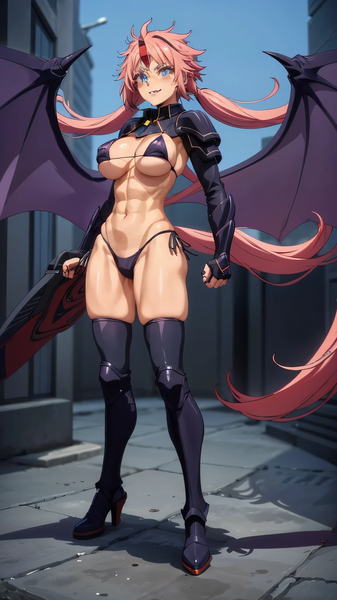 1 girl, (medium boobs))) (((big ass))), (happy), (((wearing short bikini))), (long pink hair), (((blue eyes))), (in the city of cyberpunk), a lot of people on the street looking, (slender), (thin waist), (butt only), legs (slim and muscular), muscular belly, barefoot, (evil look), (( (full body photo)) ), (in red high heel shoes), (full body scene), twintails, glowing eyes, eye reflection, anime, Anime Style, ray tracing, glow, drop shadow, panorama, Sony FE, 8k, Uhigh definition , artwork, Accurate, Anatomically Correct, super detail, Best quality, high resolution, high definition, 16k