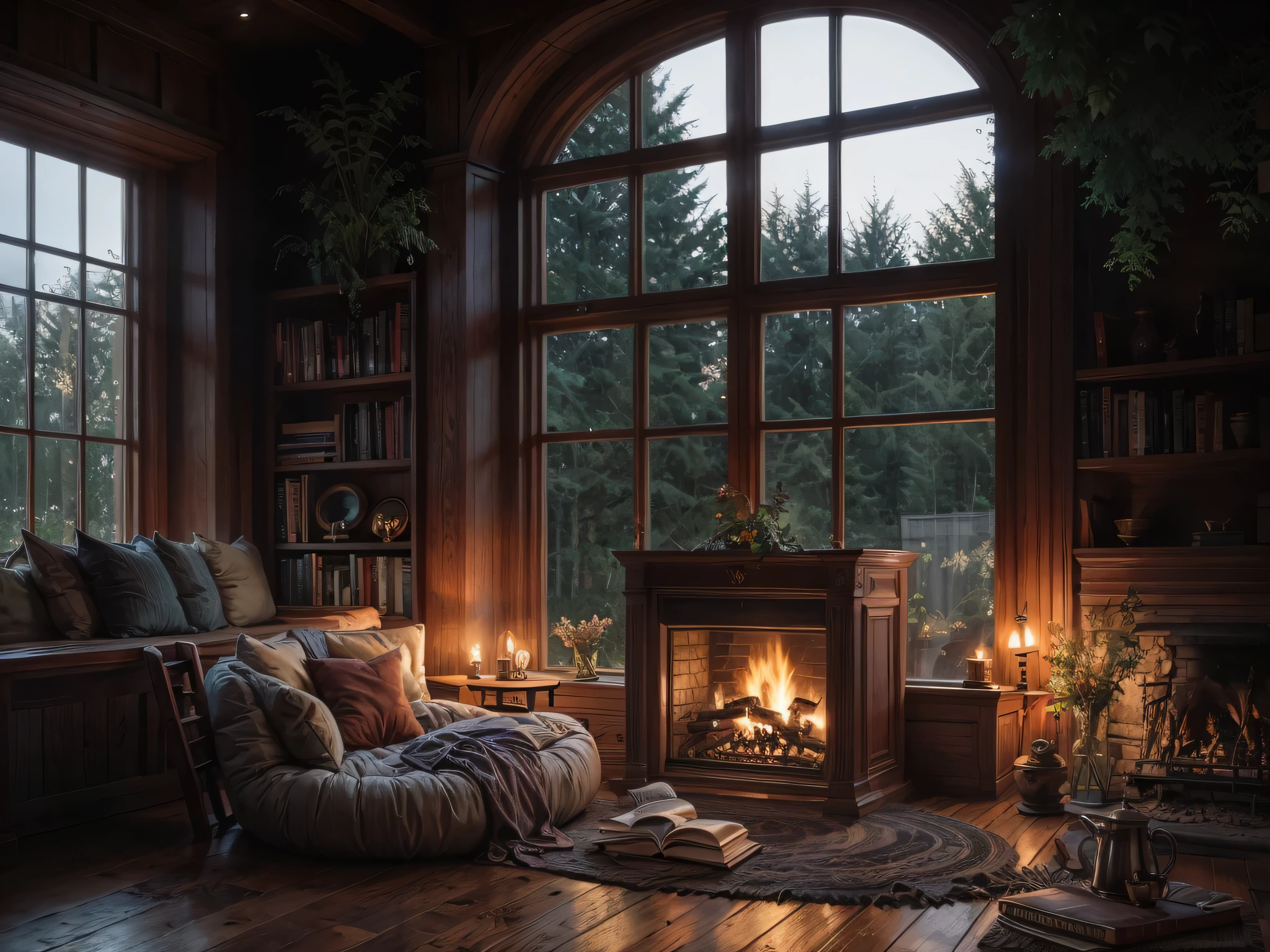 arafed room with a fireplace and a window with a view of the woods, cozy place, cozy home background, cozy environment, cosy atmoshpere, cozy room, cozy setting, cozy living room interior, cozy living room, cosy enchanted scene, cozy and calm, cozy atmospheric, cozy wallpaper, cozy and peaceful atmosphere, warm interior, cozy atmosphere