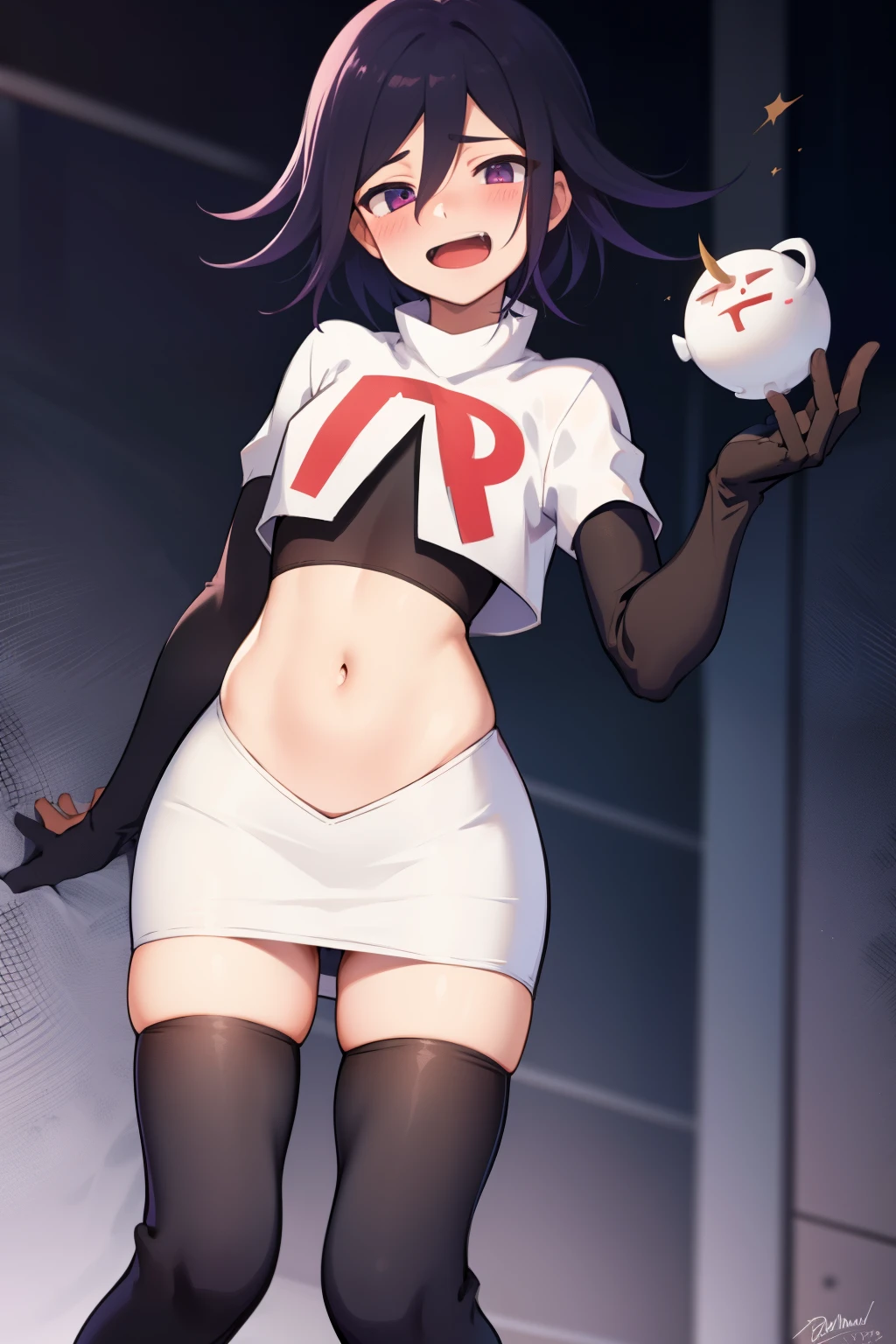 absurdres, cowboy shot, solo, male focus, trap, 1boy, crossdressing,1boy, oma kokichi, team rocket,team rocket uniform, red letter R, white skirt,white crop top,black thigh-highs,black elbow gloves, evil laugh, blush