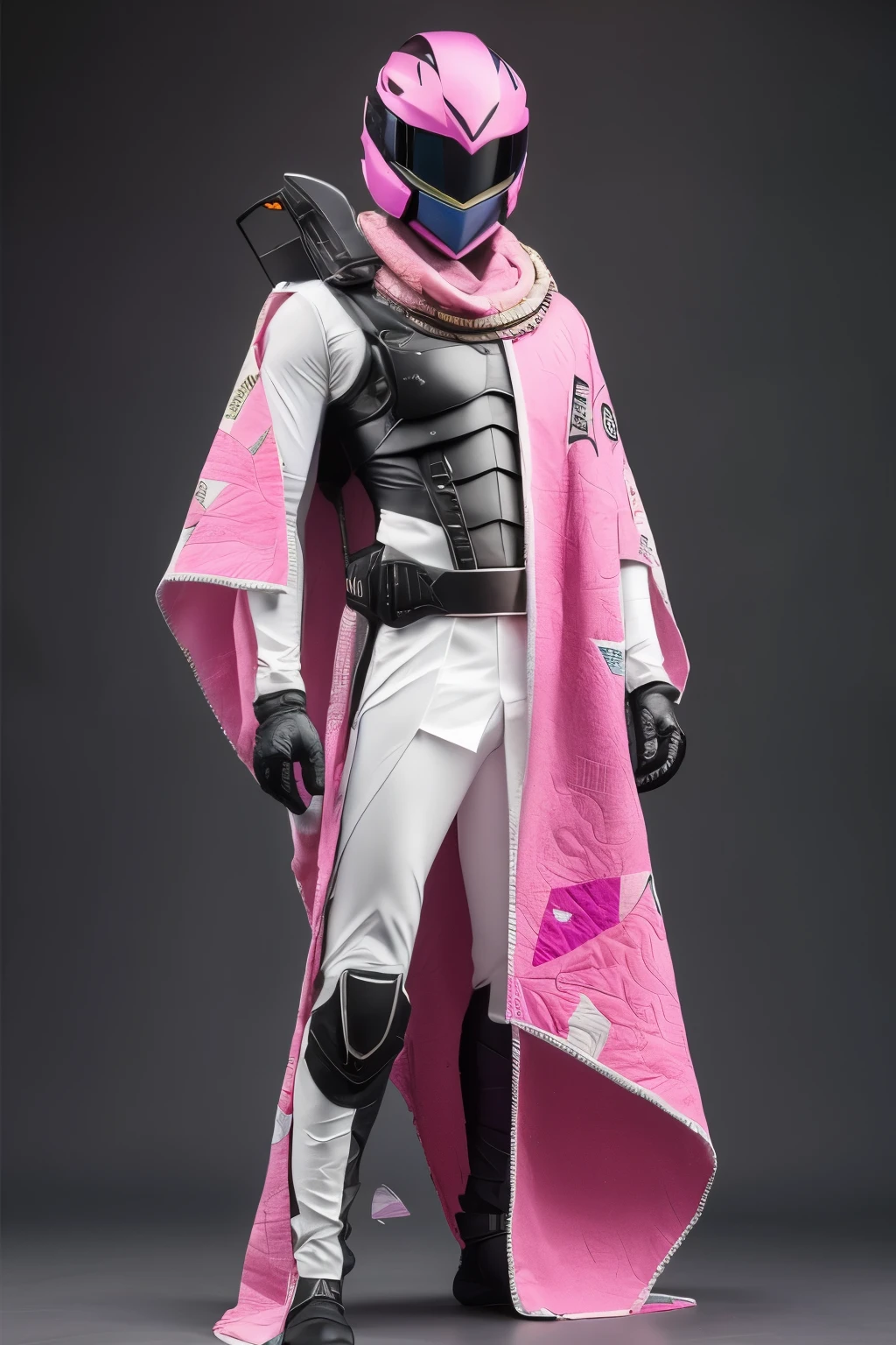 A Domino-themed Female Kamen Rider,in pink and mauve and with two long quilts on each side of the helmet.His weapon is a purple and pink energy scythe