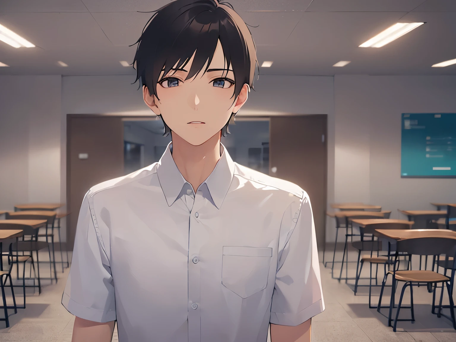 masterpiece、highest quality、25 year old male with short black hair and blue eyes, (white) and (collared shirt)、Are standing、(confused:1.2), The background is a conference room、(Alone:2)