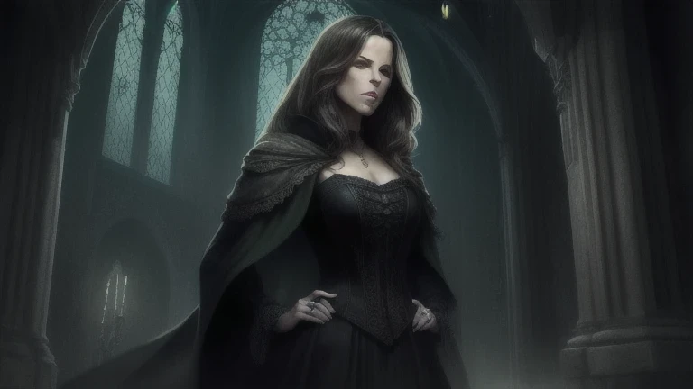 ((Kate Beckinsale, (27 anos), de corpo inteiro), A roupa (Verde) medieval is long to the ground)), in a gothic Castlevania setting, cabelos longos castanhos e cacheados, elongated and well-defined face with features of a tall woman of Italian descent, usando roupas medievais e preto, olhos verdes, quadris largos, detalhes intrincados. The background is dark and gothic, aumentando a atmosfera misteriosa. This art is trending on ArtStation, capturing the essence of the iconic game Symphony of the Night. The illustration is soft, with sharp focus, showing the beauty and allure of me.
