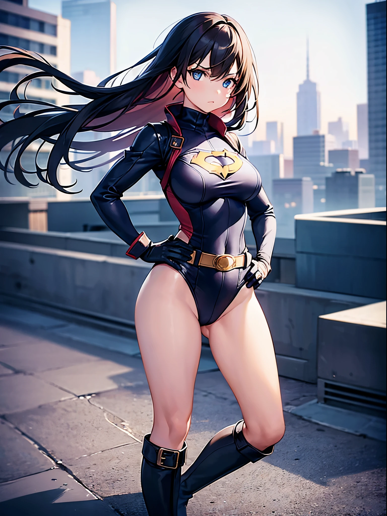 1girl, medium breasts, leotard, bare legs, tight belt, boots, gloves, city backdrop, solo, single, hands on hip, standing, full body shot, cowboy shot, superhero, beautiful detailed eyes, superpower
