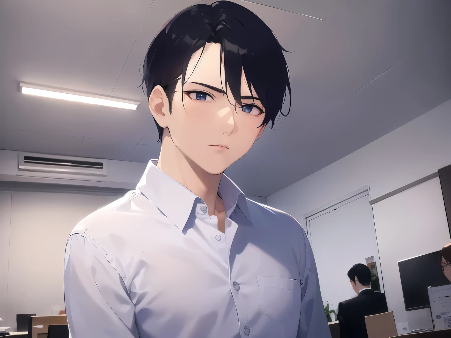 masterpiece、highest quality、25 year old male with short black hair and blue eyes, (white) and (collared shirt)、Are standing、(confused:1.2), The background is an office conference room.、(Alone:2)