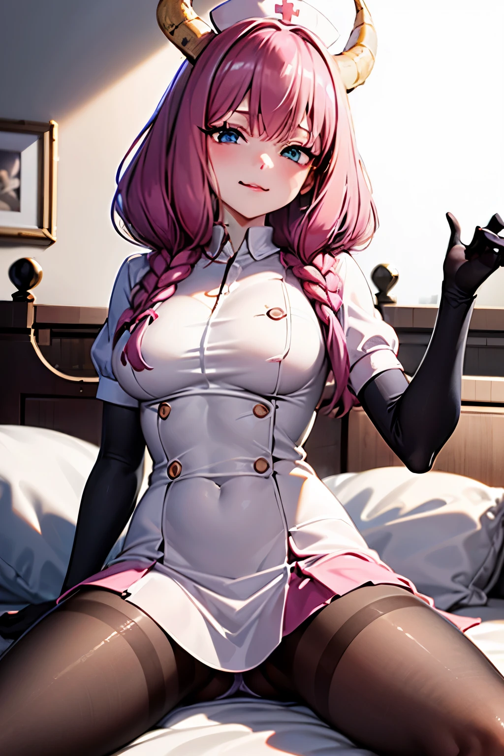 very delicate and beautiful girl,8k wallpaper,masterpiece,danntoudainoaura,Bedroom,1 girl,alone,devil's horns,devil girl,long hair,medium breasts,(nurse uniform),((pantyhose)),looking at the viewer、Photo from below、((one piece))、sit on the bed、have a skirt