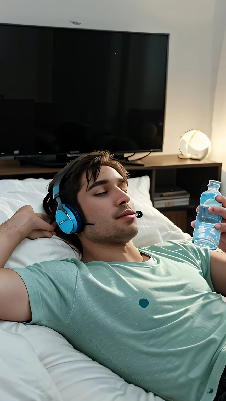 There is a man lying in bed with his headphones on watching TV with a bottle of water in his hand and holding it to his mouth
