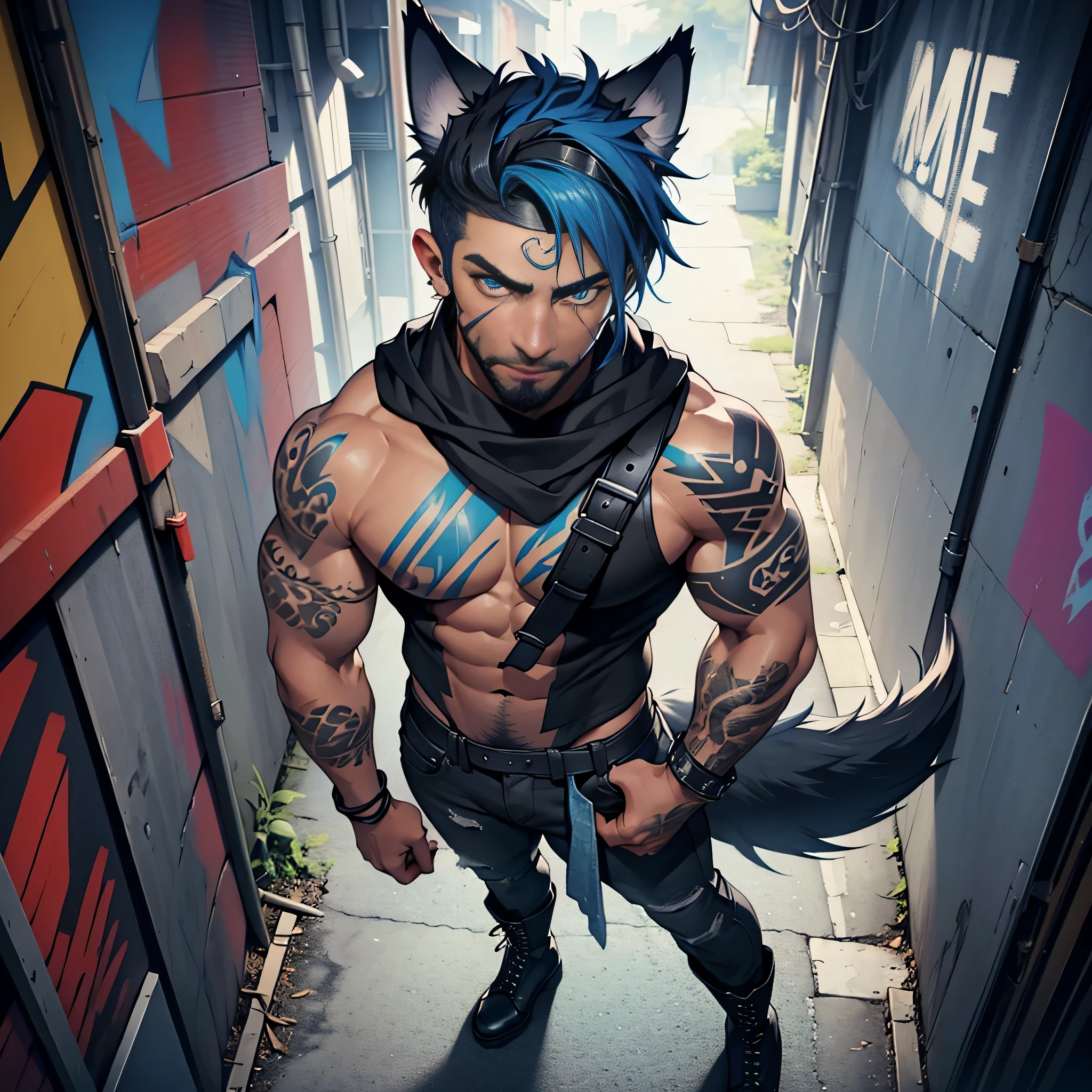 gay ((usando botas pretas)), tiro de corpo inteiro, visto de cima, masculino masculino com barba curta, Pelos corporais, ((pele bronzeada escura)), protuberance, short cut rainbow hair, ((tem orelhas de lobo)), ((tem cauda de lobo)), graffiti esfumaçado do punk do grunge, wearing tight jeans, flacidez nos quadris, Sozinho, sozinho, tem olhos azuis brilhantes detalhados, coberto de ((tatuagens azuis)), usando bandana e pulseiras de couro, coxas musculosas