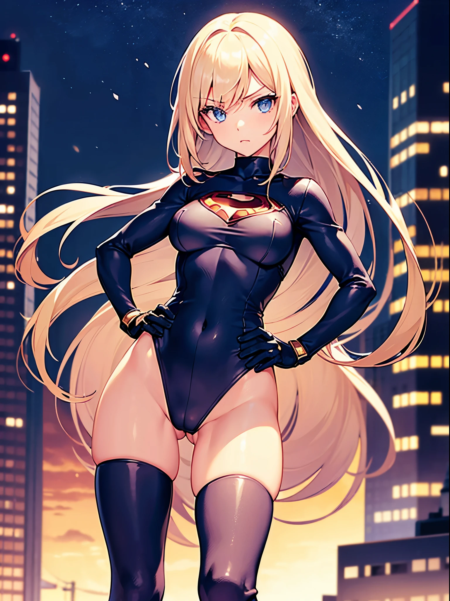 1girl, medium breasts, leotard, bare legs, tight belt, boots, gloves, city backdrop, solo, single, hands on hip, standing, full body shot, cowboy shot, superhero, beautiful detailed eyes, superpower