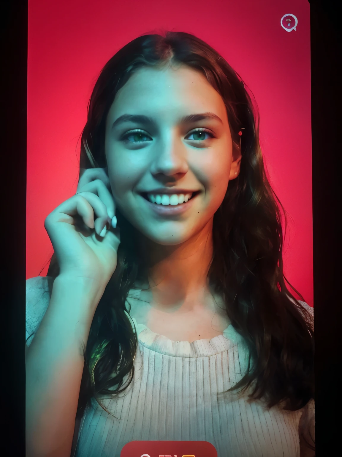 Make the background white, slightly brown hair young women, wavy hair, green eyes, iPhone camera, hand on the ear