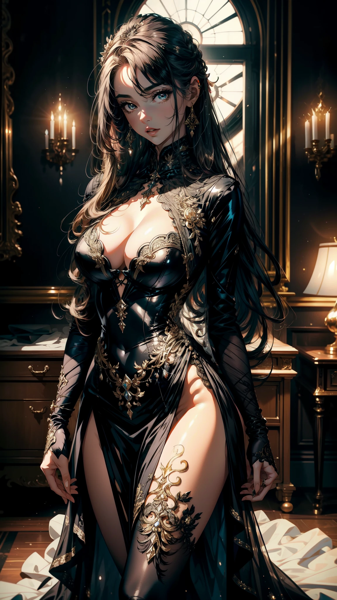 Fine illustration, ultra detailed, highres, from front, , elegant woman, elegant pose, black_dress, bodysuit, white_glistening long hair, beautiful woman, scenary world, detailed bodysuit with glittery decoration of dress, detailed embroidery, extremely layered frills, detailed texture, detailed pattern, room background,detailed face, detailed eyes, detailed hands, full body