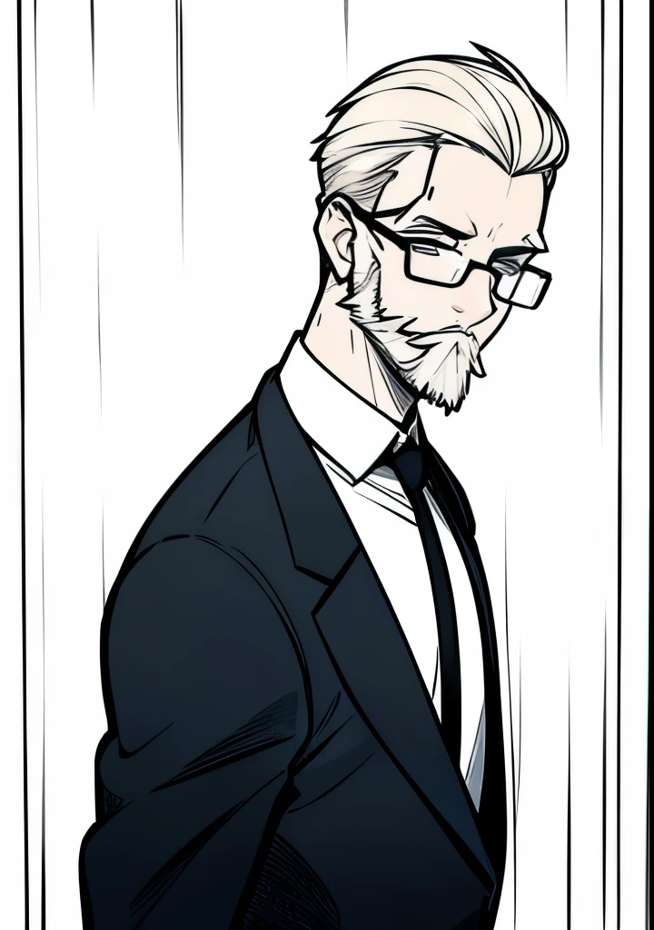 Adult male, white and tender skin, pale blonde slicked back combed short hair, kaiser mustache and a ducktail beard, steel blue eyes, green and slightly mature, serious and emotionless facial expression,wearing a black suit jacket, white collar shirt, black tie and suit pants and glasses, portrait style, facing forwards
