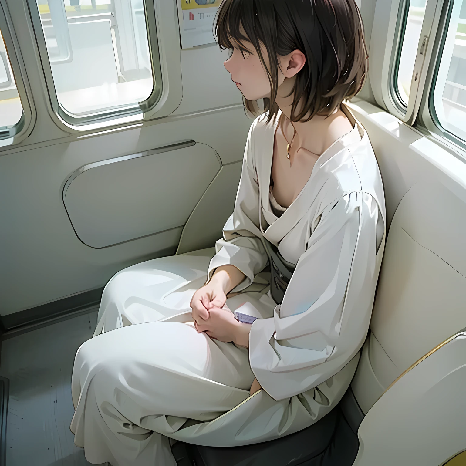 highest quality, soft light, ultra high resolution, (realistic:1.4), Raw photo, 1 Japanese girl, alone, flat chest, down blouse, small breasts, sensual, detailed bra,overlap princess dress, (small box),(High resolution details of human skin texture), short hair,necklace,View from top left,Inside the train, sit on a chair and read a book