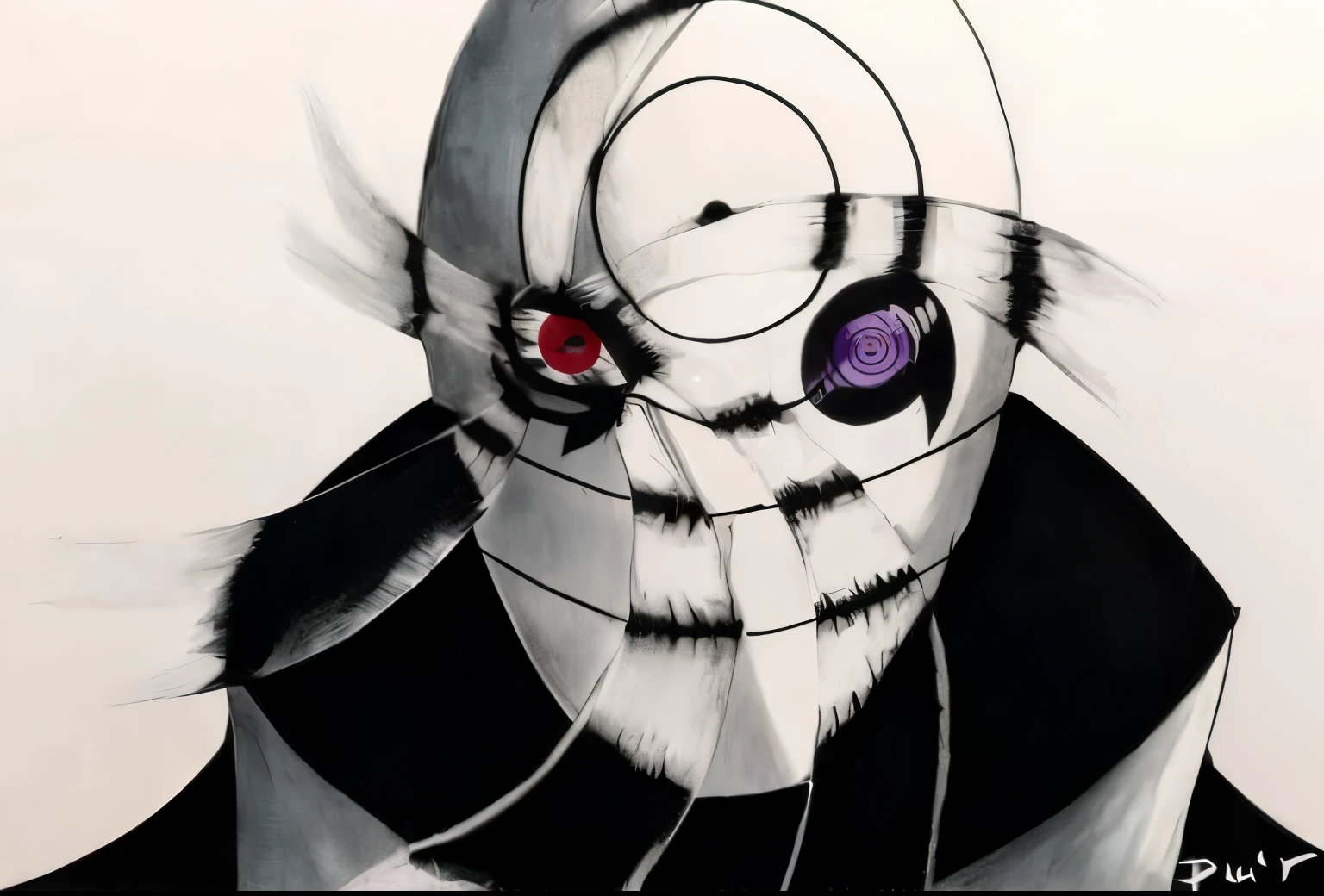 uchiha obito, with withe mask, mangekyou sharingan in right eye using kamui hability, rinnegan in left eye