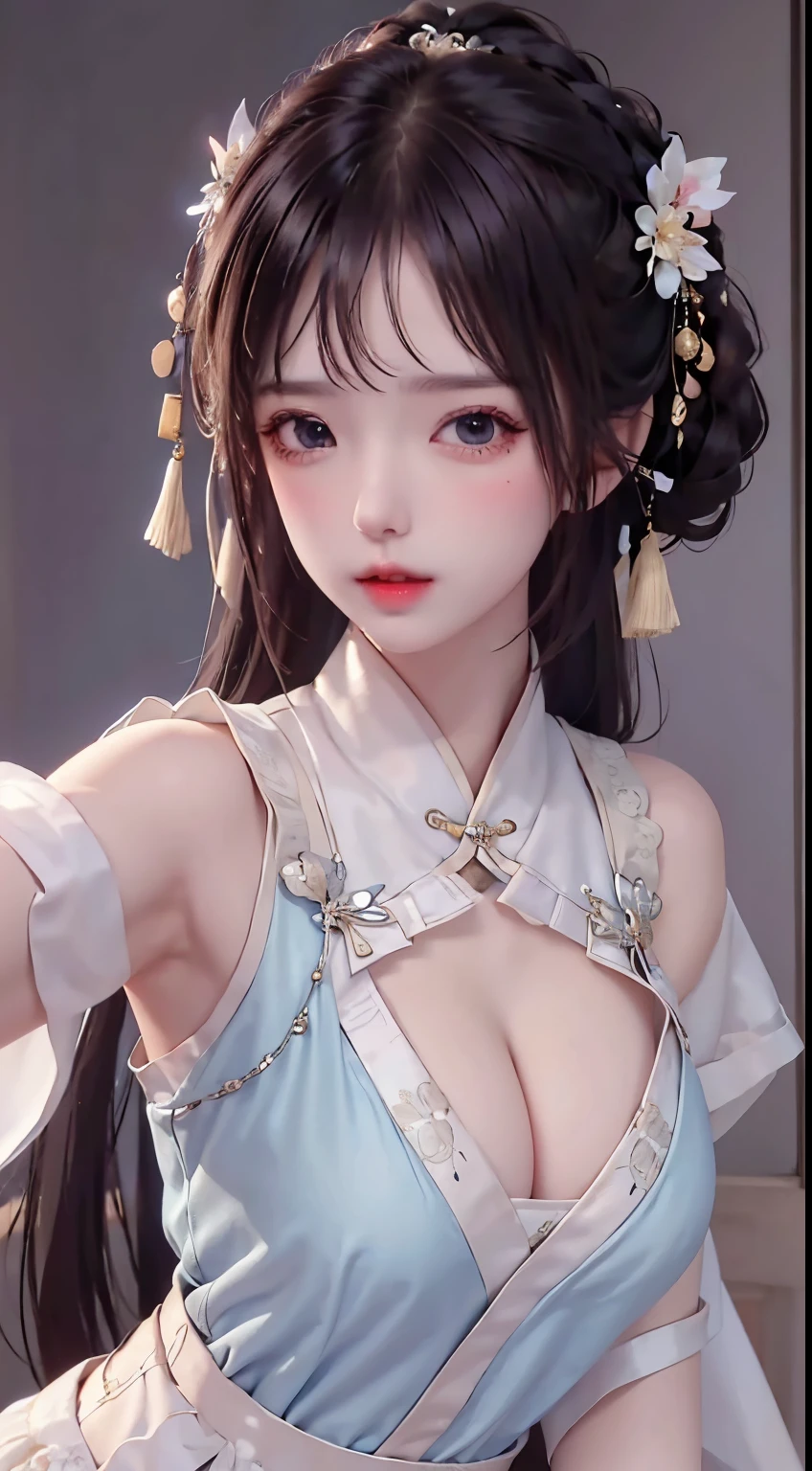goddess of shooting'arc14 ans,Ancient costumes with many phoenix designs,visage blanc et rose impeccable,Ornements sur la tête,cheveux jusqu'aux noirs'to the size,yeux marrons très beaux et nets,red labia minora,Colored lips,Enchanted smile,bijoux portés autour du cou,Anneau de mamelon d'oreille,dents blanches et uniformes,pont de nez haut,gros seins ronds, jambes fines,chaussettes noires en maille fine,Portrait,the most realistic,la plus haute quality,Meilleurs pixels,8k ultra,HIGH LEVEL OF DETAIL,8k resolution,ultra haute résolution,une jeune fille, Une jolie fille,short detailed hair,chignon,lipsticks,boucles d'ears to pampilles,collier ras du cou,Yeux noirs clairs,Cheveux lisses,clavicule,traits du visage délicats et parfaits, les plus beaux grands yeux,long cils,The eyes are soft and there are silkworms lying,angle dynamique,quality'extreme image,The highest accuracy,Accurate and perfect human anatomy,(((Robe professionnelle,Slim cheongsam Republic of China,Broderie or cramoisi))),((assis)),Warm scene,ultra haute résolution,Cheveux noirs fluides de style antique chinois ultra-clairs avec un chignon délicat)Par frange,(cheveux longs et flottants,avec un chignon:1.3)), vêtements à poitrine ouverte en V royal, Wet body of fine silk fabric, Robe fine en dentelle de soie, (huge ,clivage),, blanc rose, bleu ,Meilleure quality,chef-d'ouvrages d'art,ultra haute résolution,(realism:1.4),photo BRUTE,(Véritable texture de peau:1.3),(grain de film:1.3),(Angle de selfie),1 girl with giant ,Beautiful details of the eyes and face,chef-d'ouvrages d'art,La Meilleure quality au mieux,,The chest more exposed, detailed hair, Bon rose , 8K Detail, Haut du corps,,Delicate collarbones,beau maquillage,Caractéristiques du visage exquises et parfaites,,de grands yeux larmoyants,Ver à soie couché,long cils,The eyes are soft and have eye shadow,Taille fine,The chest more exposed,
