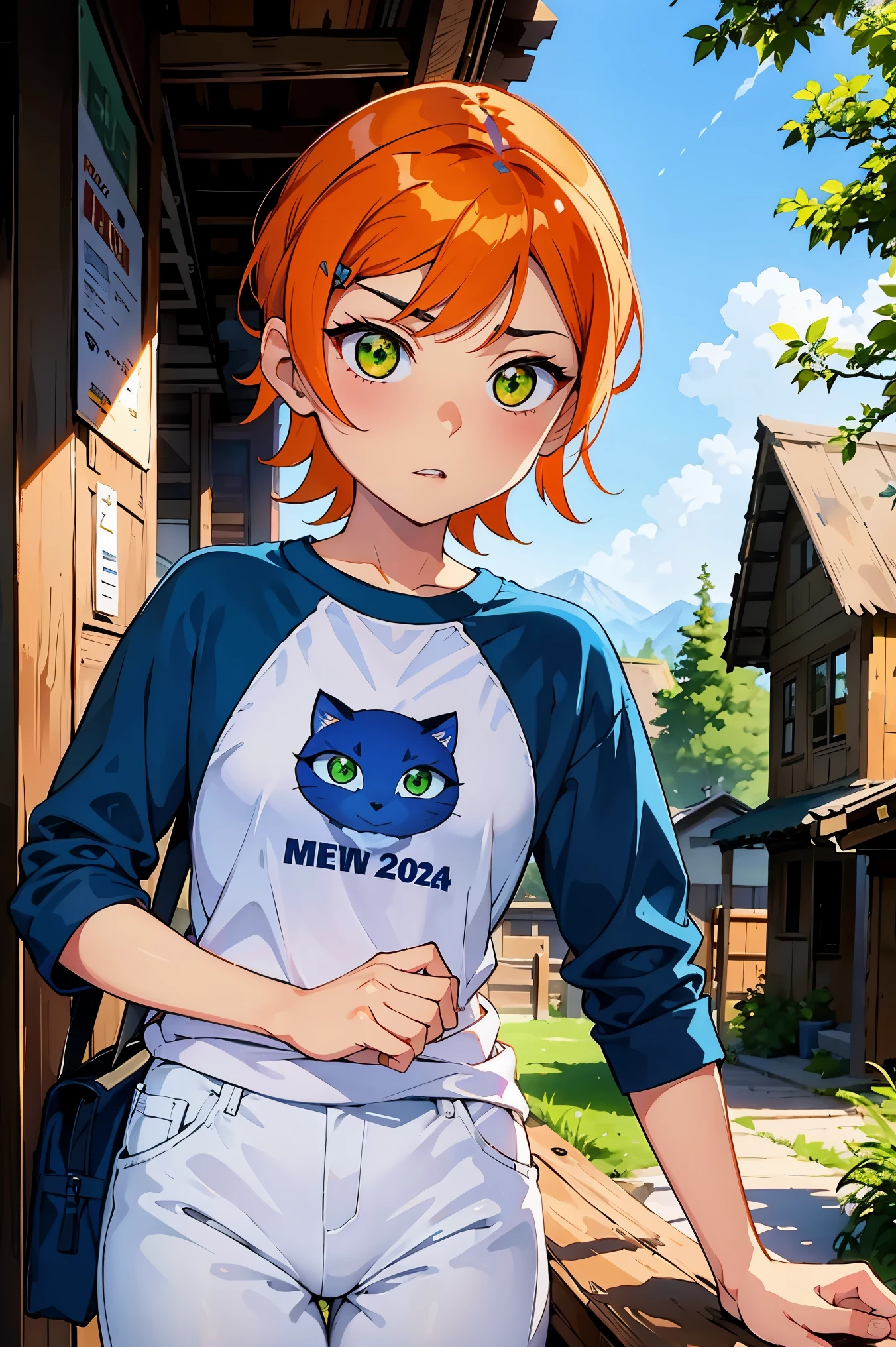 A stunning and intricate full color portrait in Ultra-HD, 10 year old girl, short orange hair, held in place by a blue hairpin and wearing sapphire earrings, green eyes, detailed face, wearing a blue and white raglan shirt, logo of a simple blue cat face, white pants, epic character composition, alessio albi, nina masic, sharp focus, natural lighting, subsurface dispersion, f2, 35mm