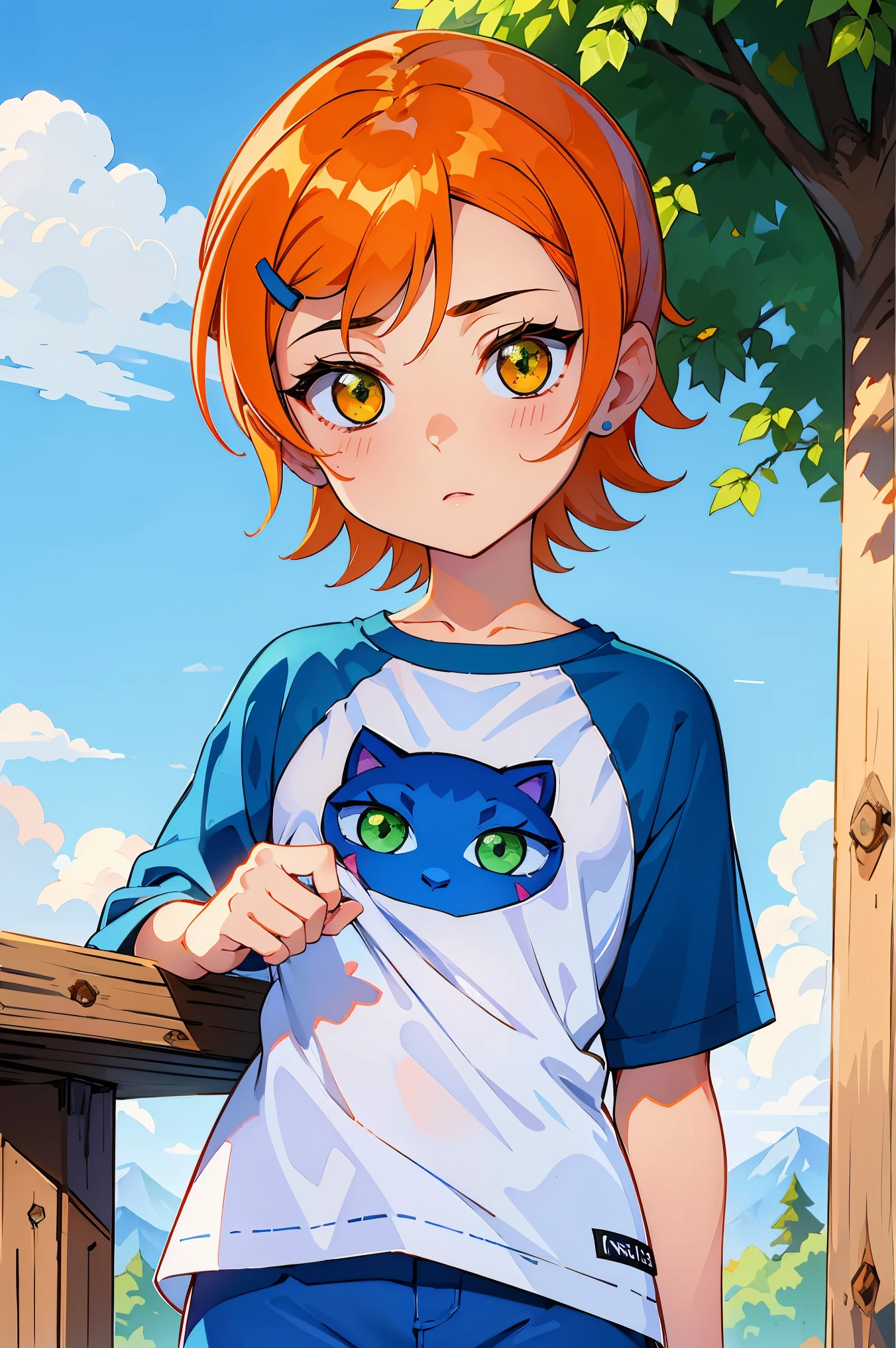 A stunning and intricate full color portrait in Ultra-HD, 10 year old girl, short orange hair, held in place by a blue hairpin and wearing sapphire earrings, green eyes, detailed face, wearing a blue and white raglan shirt, logo of a simple blue cat face, white pants, epic character composition, alessio albi, nina masic, sharp focus, natural lighting, subsurface dispersion, f2, 35mm