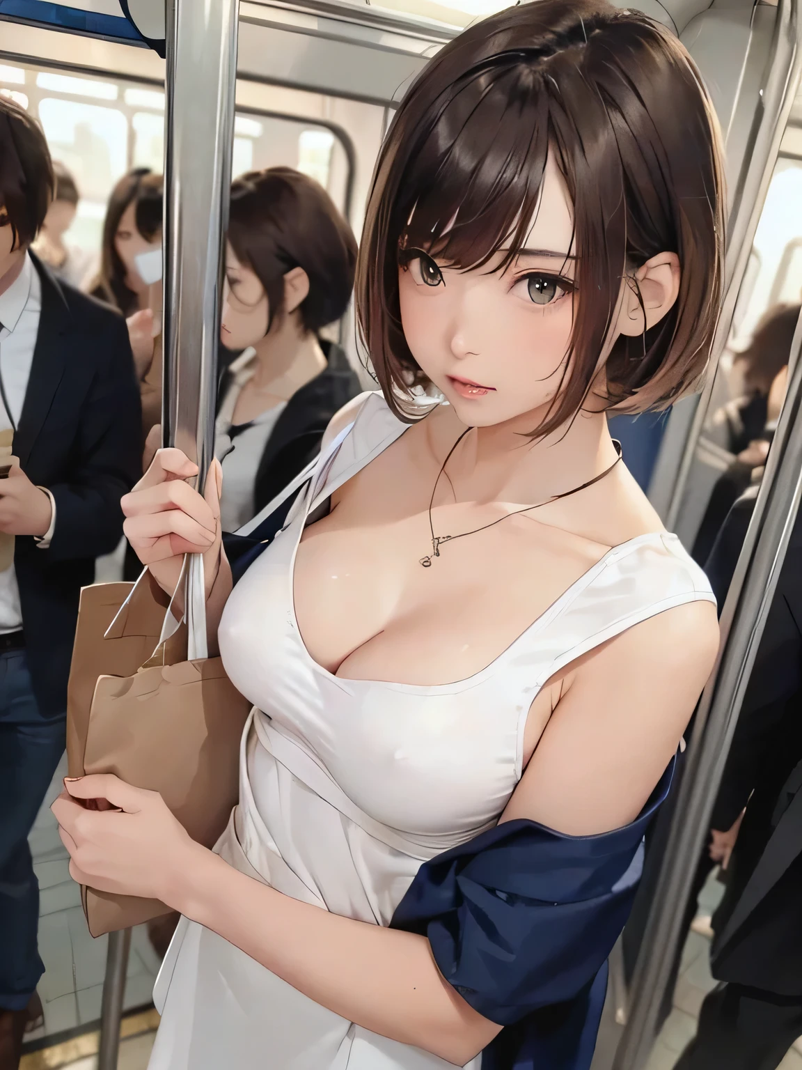 (masterpiece:1.3), (8K, realistic, Raw photo, highest quality: 1.4), (1 girl), beautiful face, (realistic face), (brown hair, you feel the skin、 short hair:1.3,With bangs), beautiful hairstyle, realistic eyes, fine and beautiful eyes, (realistic skin), beautiful skin、((navy miniskirt、white dress:A slightly pink bra is visible、I have a black bag、beautiful necklace))、Breast flick、((medium breasts))、(in a crowded train)、From the side、full body、(look away)、I can see the whole body、(Are standing)、crossed arms、((chest hold))、18 year old beautiful girl、beautiful clavicle