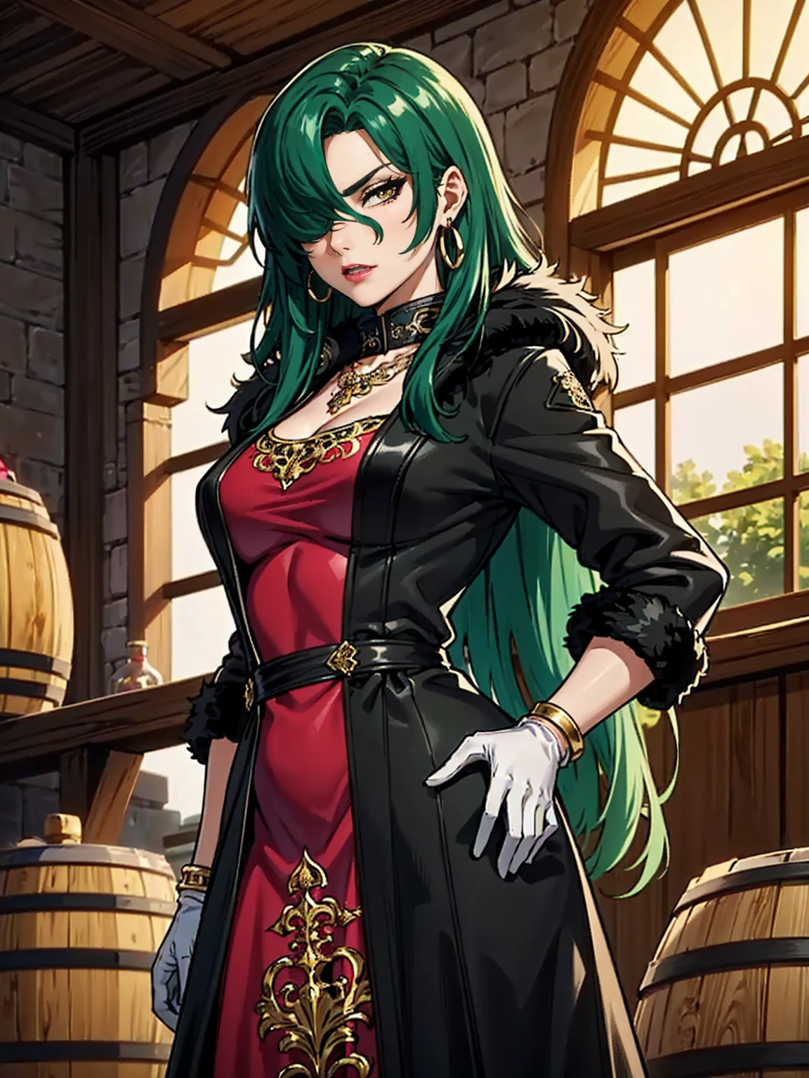((1girl, solo ,alone, long hair, green hair, yellow eyes, hair covering one eye, long gloves, white gloves, woman, (one hand on her hip, one hand behind her head) , dynamic pose, muscular female, gold bracelets, ruby earrings)), ((solo, 1woman, pink lipstick, Extremely detailed, ambient soft lighting, 4k, perfect eyes, a perfect face, perfect lighting, a 1girl)), austere, ((royal red dress, ornate long dress, extravagant long dress)), sexy red dress)), (((black fur coat:1.4), (ornate dress))), bracelet, winery,wine barrels backgroudn, standing on a barrel, sexy pose, looking at viewer)), eyeshadows, eye liner,glistening eyes, hyper detailed eyes, intricate eyes, beautiful eye, gloves, leather gloves, bracelets, amethyst necklace, hoop earrings))