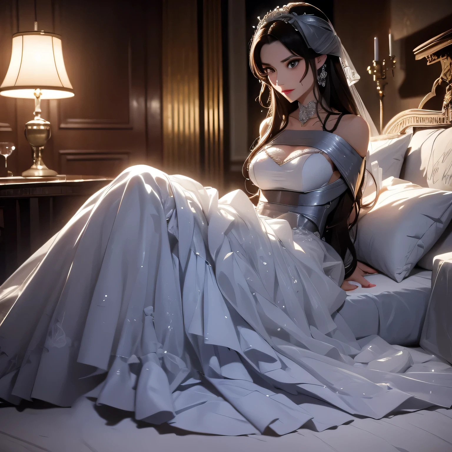 (bright lighting,romantic setting),bride captured, dreamy background,bondage,dark hair, mesmerizing gaze, , soft skin, alluring beauty, artistic portrait, high-quality image, vibrant colors, long silk gown, in the bed,tape bondage,tape gag, mosquito net, bridal