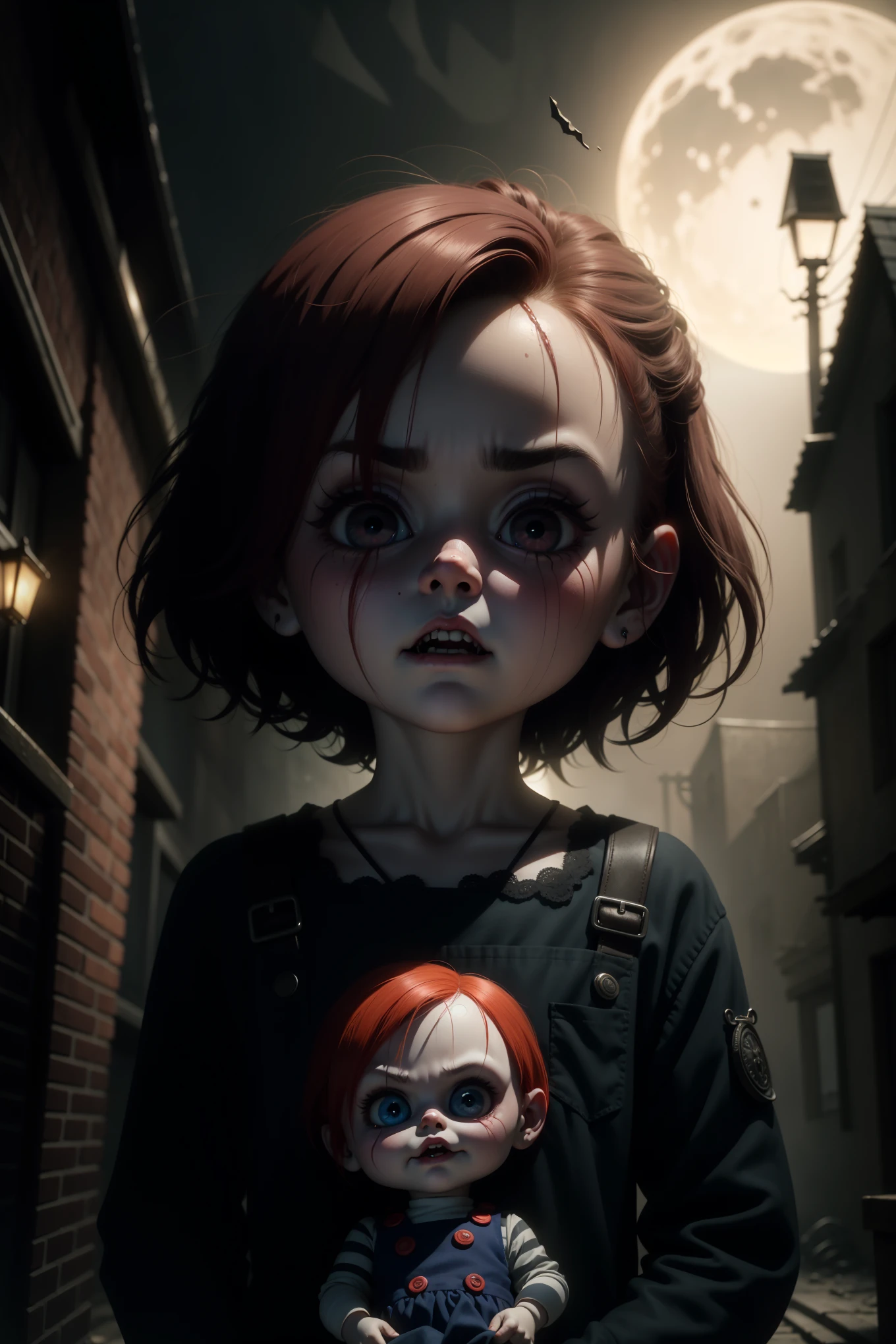 Title: Chucky's Enigmatic Night Stroll - A Tim Burtonesque Illustration
Basking in the ethereal moon glow, Chucky, the notorious doll, emerges from the shadows of an eerie, fog-laden street. His creeping presence is a testament to Tim Burton's signature style, where the grotesque and enchanting come together in perfect harmony. defeating their enemies.
The once-adorable porcelain face of Chucky has been marred by time, revealing cracks and fissures that give the doll an ominous, yet oddly endearing, charm. His distorted, oversized eyes, hollow