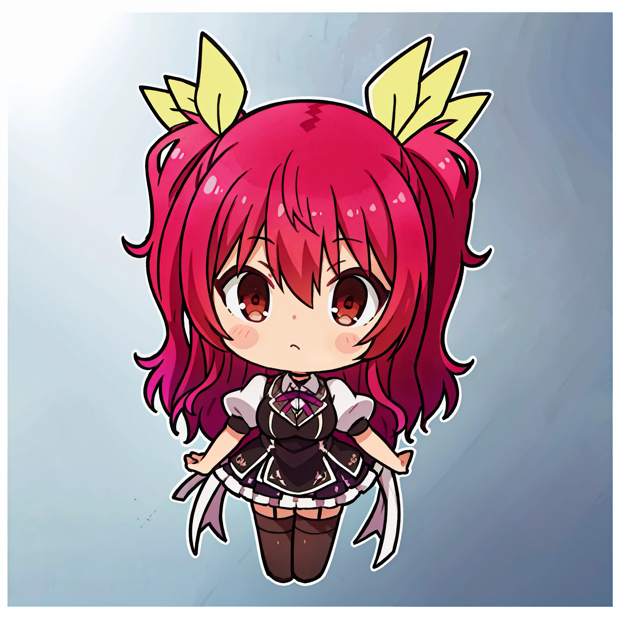 Stella vermillion emoji, 1 girl, solo, sticker, (cute), white background, no background, minimal, simple, thick lineart, flat colors, vector style, masterpiece、top-quality、top-quality, colourfull、 sfw, head shot, stellavermillion, stella vermillion head, chibi, hair ribbon, long hair, (red eyes:1.5), red hair, two side up, yellow ribbon, BREAK black choker, choker, emblem, garter straps, neck ribbon, plaid, puffy short sleeves, puffy sleeves, purple ribbon, red hair, ribbon, , shirt, short sleeves, skirt, thighhighs, white shirt, white skirt, BREAK looking at viewer, BREAK indoors, classroom BREAK (masterpiece:1.2), best quality, high resolution, unity 8k wallpaper, (illustration:0.8), (beautiful detailed eyes:1.6), extremely detailed face, perfect lighting, extremely detailed CG, (perfect hands, perfect anatomy),, sticker, head, minimal, head only, flat colours, simple lines