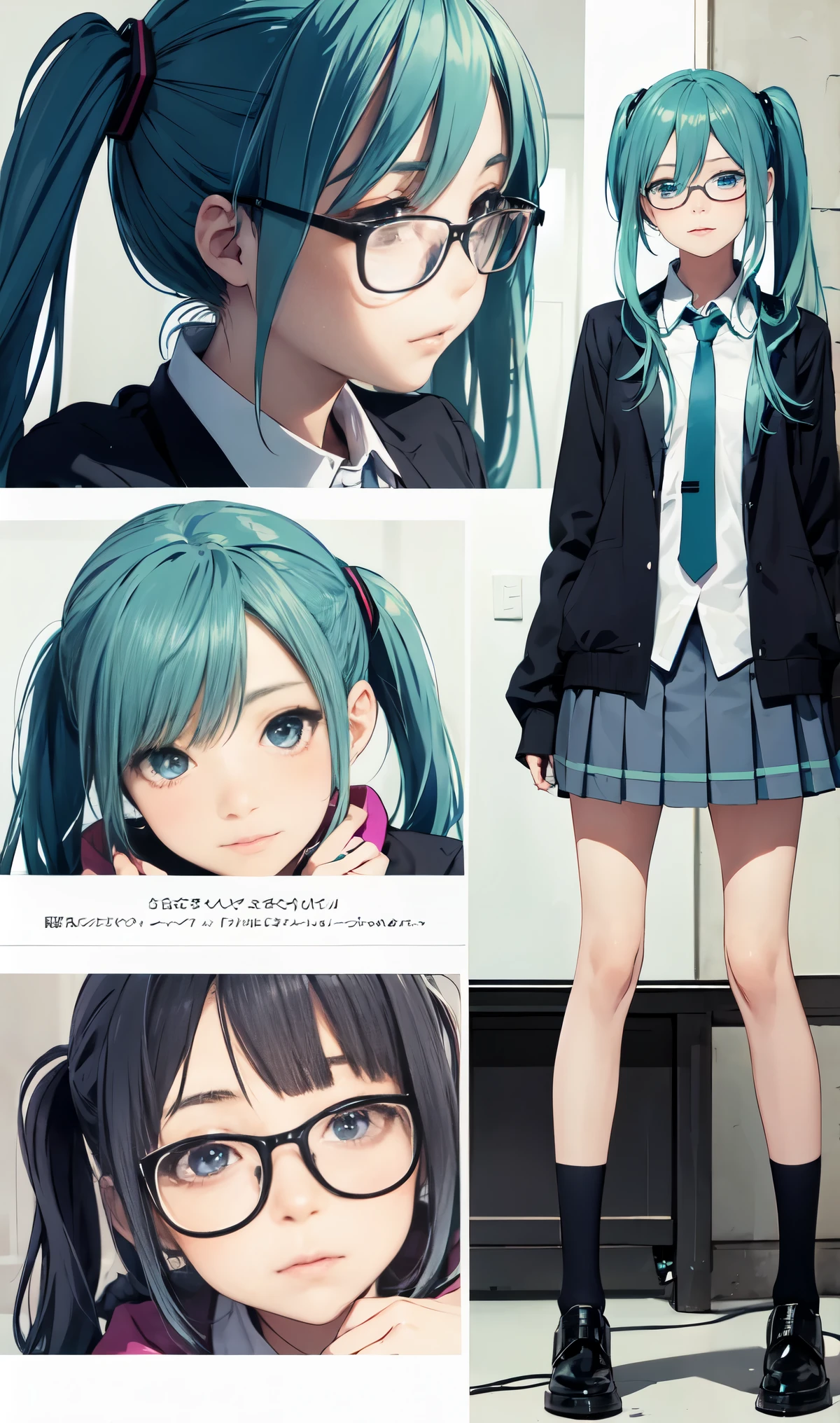 Hatsune Miku、ponytail、gradation color hair、tie hair、multicolored hair、Cut the seat、cross-eyed、three view drawing, front and back and side,three views, front, back and side、messy hair、blunt bang cut、pleated skirt、black shirt、streaked hair、messy hair、Sloppy、cross-eyed、drunk、( fool / sexual ecstasy)、Glasses、highest quality, realistic, Super delicate illustration, beautiful and attractive anime girl, slender body, tied hair, one girl, girl pictures, full body shot, beautiful blue eyes, looked back,