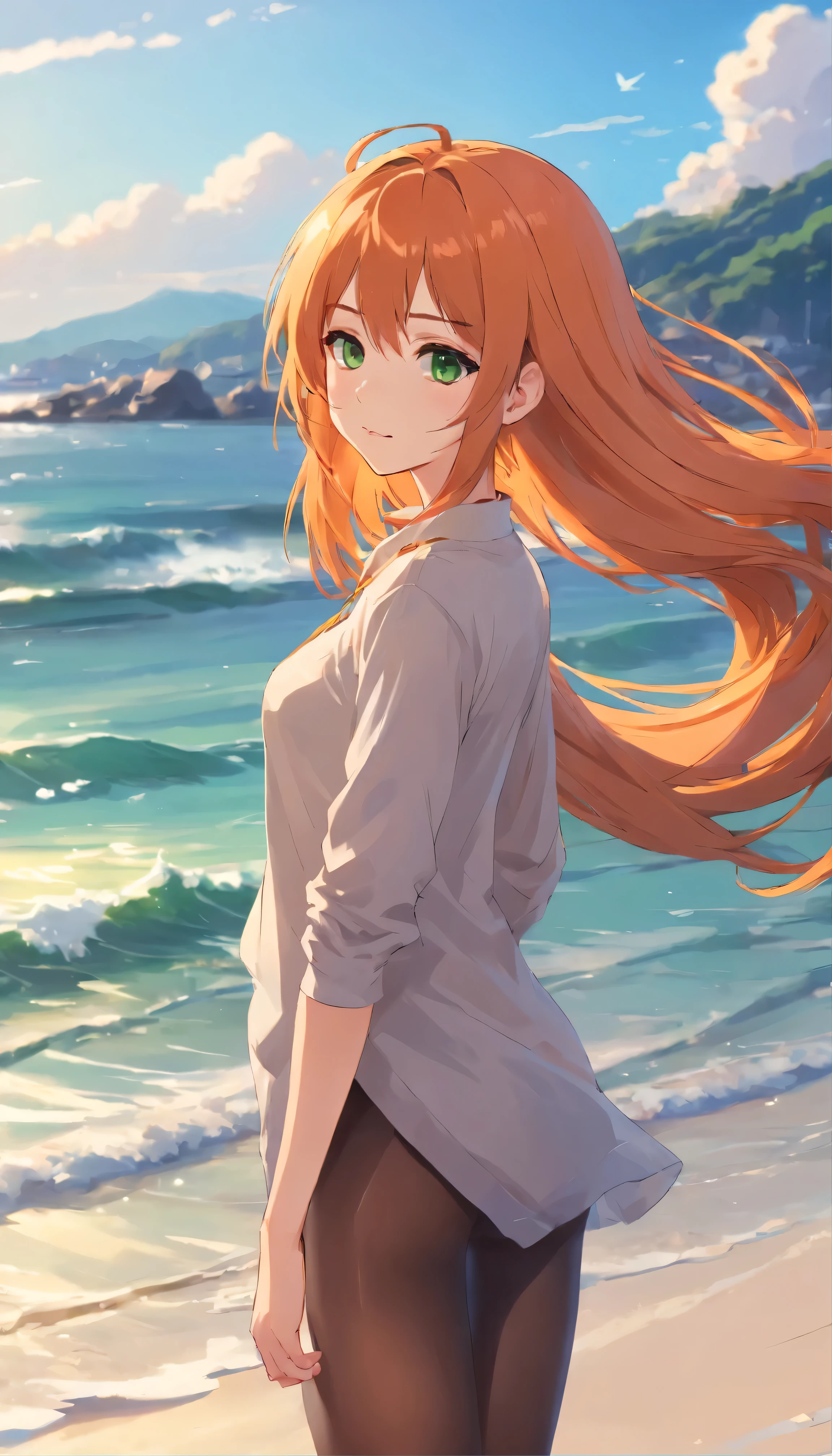 Anime girl with long orange hair, standing on the beach near the ocean, green eyes detailed digital anime art, anime girl with long hair, гладкое аниме cg art, anime girl with long hair, digital anime art, work in Guweiz style, Beautiful anime portrait, Photorealistic render of an anime girl, pantyhose, Beautiful anime girl, advanced digital anime art, guweiz на artstation pixiv HD UHD HQ
