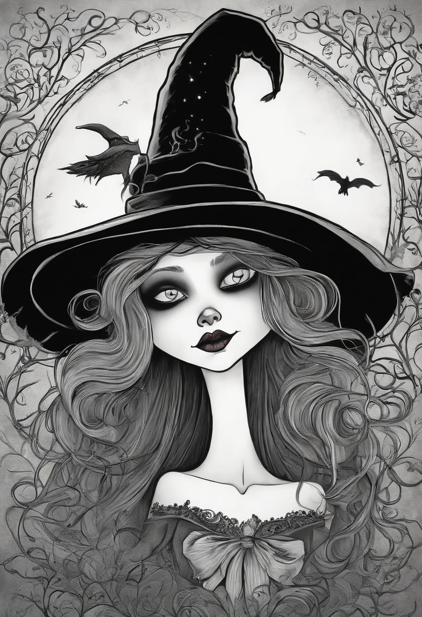 cartoon by Tim Burton, IN DETAIL, Good quality, witch, Drawing, sketch, black and white
