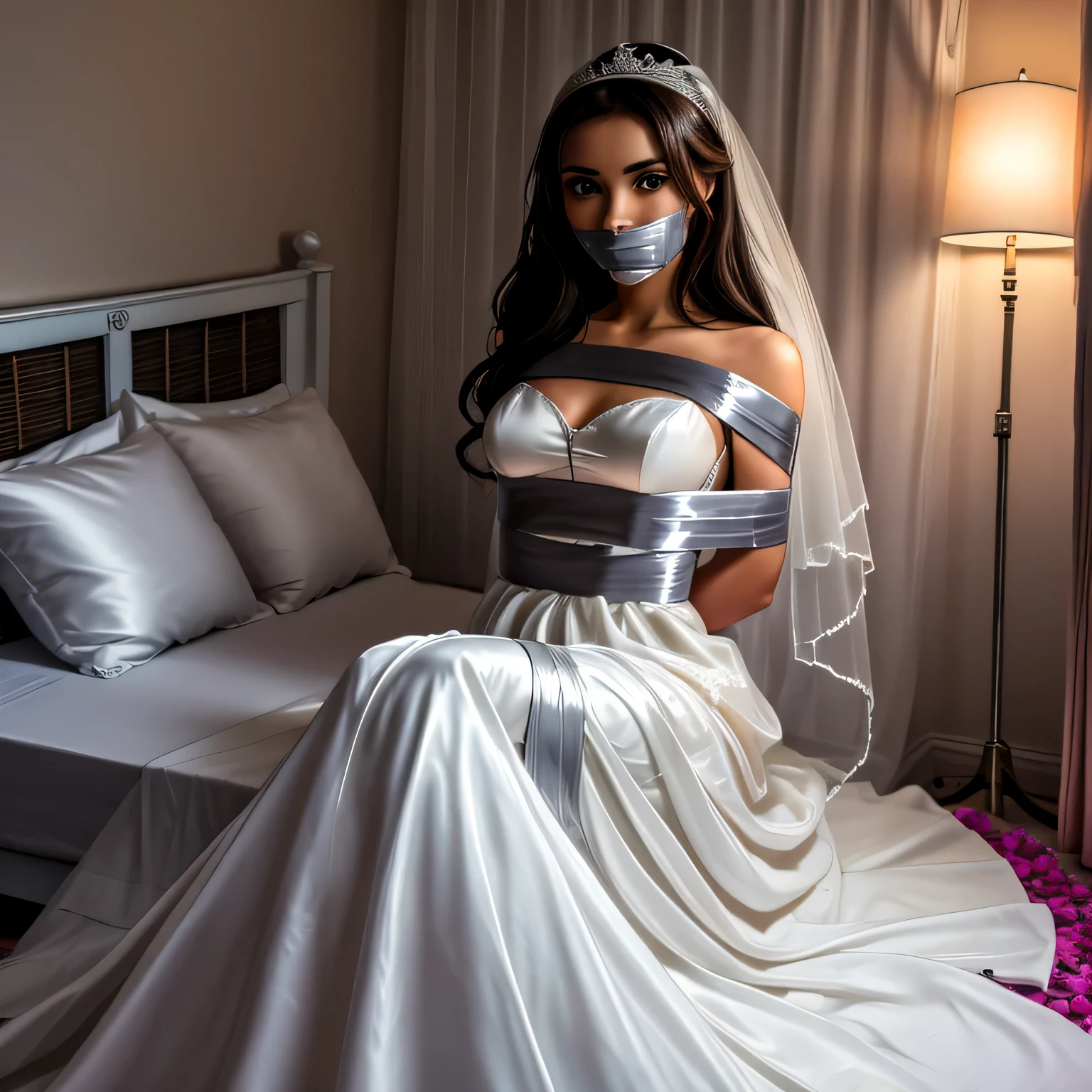 (bright lighting,romantic setting),bride captured, dreamy background,bondage,dark hair, mesmerizing gaze, , soft skin, alluring beauty, artistic portrait, high-quality image, vibrant colors, long silk gown, in the bed,tape bondage,tape gag, mosquito net, bridal