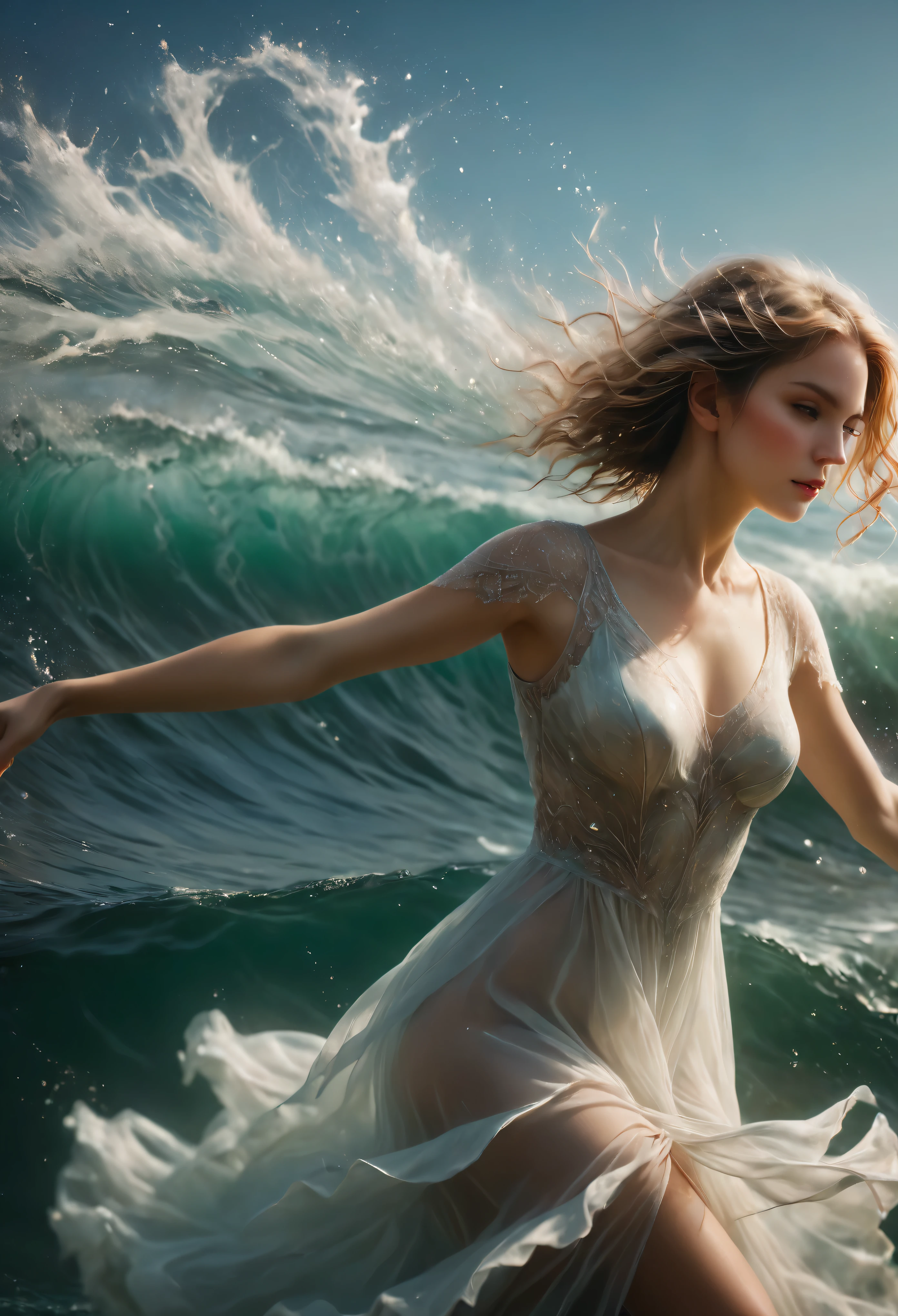 ((A beautiful female dancing in the surface of the sea):1.2), A beautiful female dancing in the surface of the sea. | (best quality,4k,8k,highres,masterpiece:1.2),ultra-detailed,(realistic,photorealistic,photo-realistic:1.37),(HDR,UHD,studio lighting,ultra-fine painting,sharp focus,physically-based rendering,extreme detail description,professional,vivid colors,bokeh),portraits,landscape,(sea,water,ocean),(flowing waves,serene atmosphere,gentle breeze,crystal-clear),beautiful female dancer,dancing gracefully,emotional expression,feminine movement,flowing dress,ethereal beauty,reflection on the water,harmony of colors,tranquil scene,peaceful setting.

Rendered in ultra-high definition with UHD and retina quality, this masterpiece ensures anatomical correctness and textured skin with super detail. With a focus on high quality and accuracy, this award-winning portrayal captures every nuance in stunning 16k resolution, immersing viewers in its lifelike depiction. Featuring a person with a calm expression, facing the viewer directly. Ensure well-defined facial features, natural skin tones, and appropriate lighting for a lifelike appearance. Avoid extreme angles or exaggerated expressions to maintain realism. Pay attention to details such as hair texture, eye clarity, and subtle facial contours.