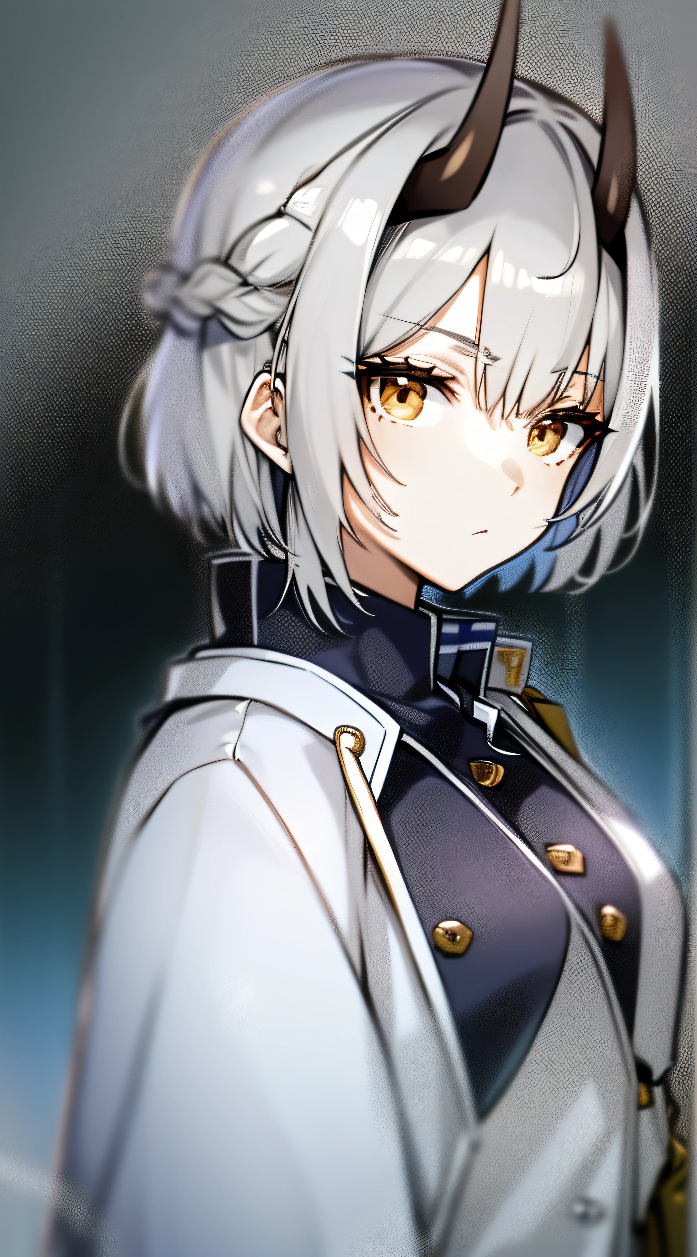 Senna Himuro, horn, one woman, gray hair, bob cut, braided, expressionless, sharp eyes, lab coat, school, moody, facing viewer,