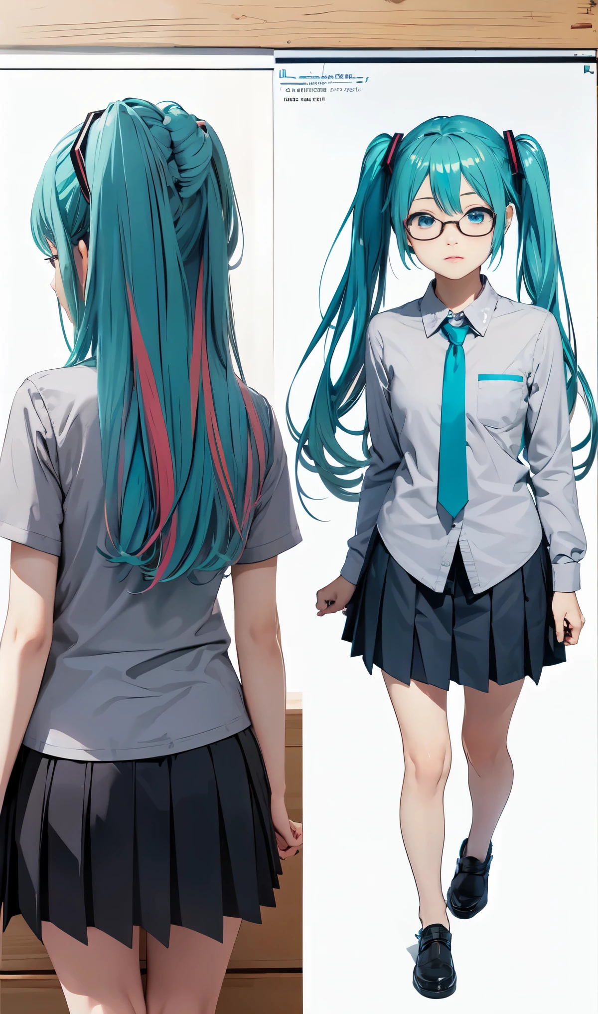 Hatsune Miku、ponytail、gradation color hair、tie hair、multicolored hair、Cut the seat、cross-eyed、three view drawing, front and back and side,three views, front, back and side、messy hair、blunt bang cut、pleated skirt、black shirt、streaked hair、messy hair、Sloppy、cross-eyed、drunk、( fool / sexual ecstasy)、Glasses、highest quality, realistic, Super delicate illustration, beautiful and attractive anime girl, slender body, tied hair, one girl, girl pictures, full body shot, beautiful blue eyes, looked back,