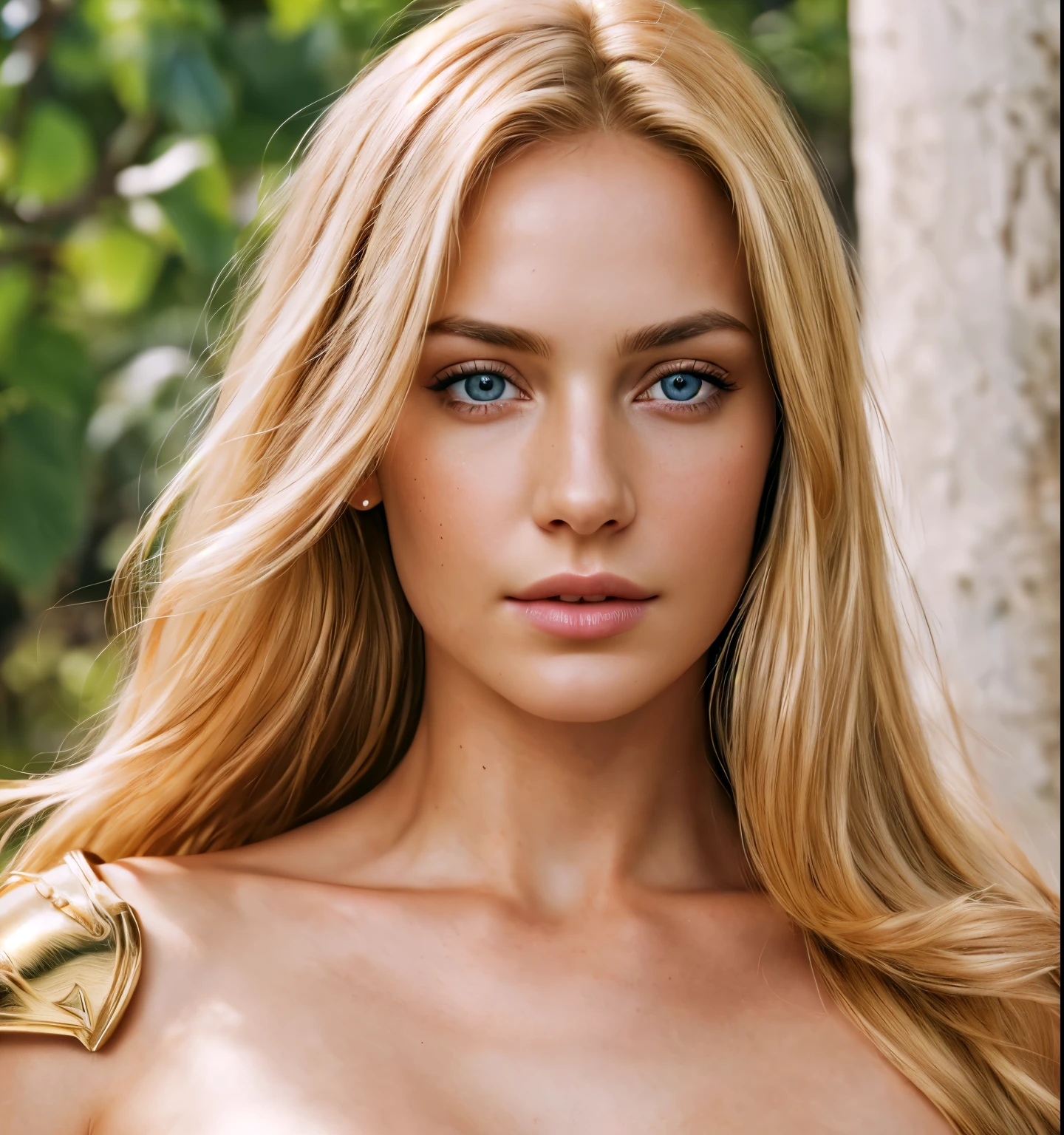 an angel, Gold armor (masterpiece, Best quality, a high resolution:1.4), 1 girl, an angel, the texture of the pores of the skin, blonde hair, HD , photo, movie, Cinematic, whole body, Realistic, (8K, raw photo, Best quality, masterpiece:1.2), (Realistic, photo-Realistic:1.33), Best quality, detailed blue eyes, Cute,daylight, depth of field, granularity, Wrinkled skin, Spicy, detailed and Realistic portrait of a woman ,(freckles:0.5)
