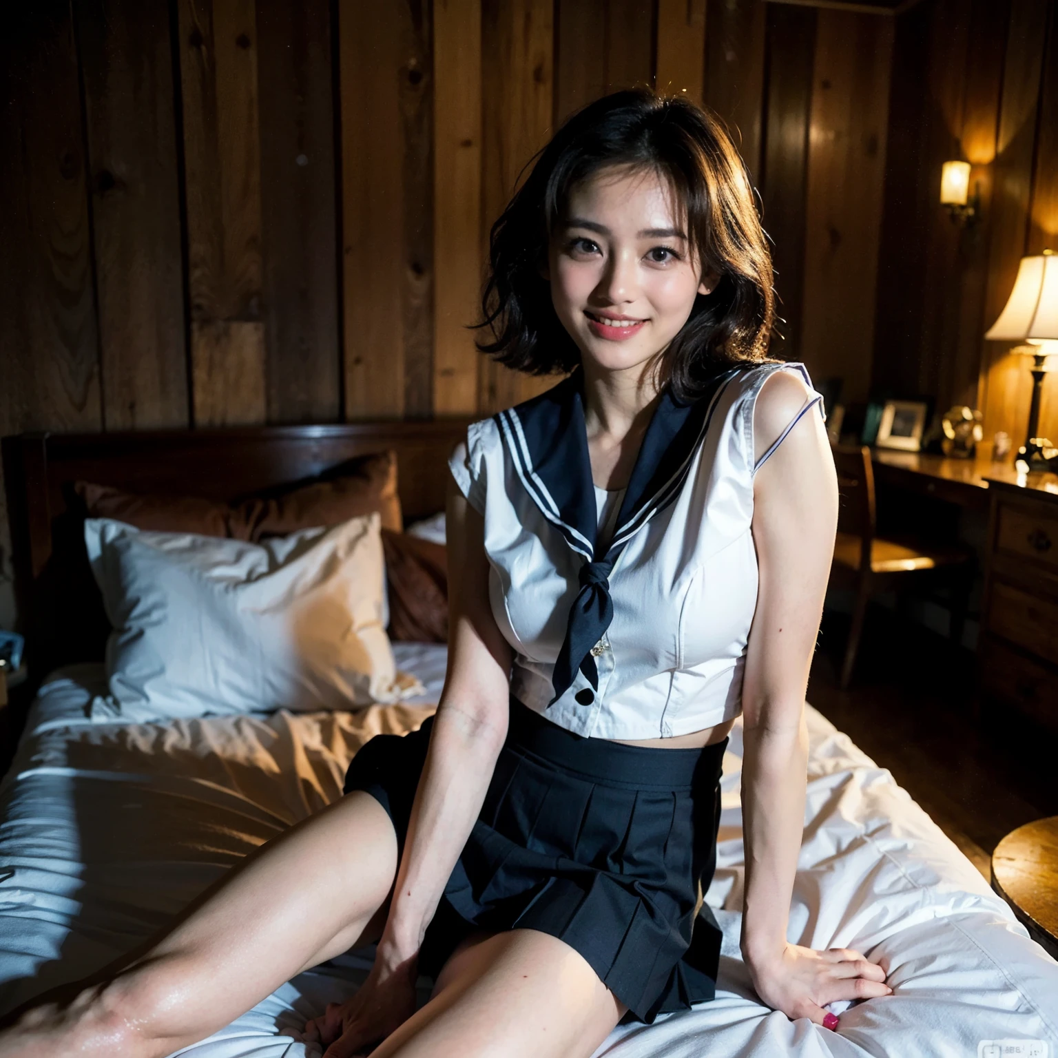 highest quality, face focus, (written boundary depth) ,ultra high resolution, (realistic:1.4), Raw photo, 
(portrait:1.4)(Sailor suits and skirts:1.4)1 Japanese girl, alone, cute, smile, (brown eyes), natural face, (with medium length haircut,) (in a dimly lit room) (There is only a single bed,) (do something revealing about yourself,) (At night,)

(, enchanting atmosphere:1.55)

