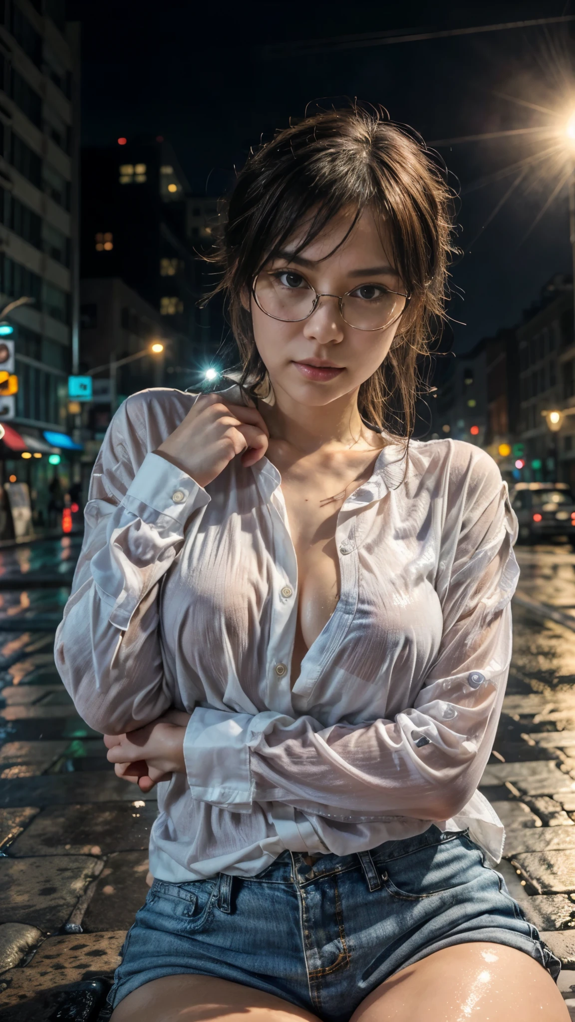 Photorealistic, (close up:1.3, exposed face), wide angle, (seen from below), a japanese young woman wearing wet (long sleeve (button shirt:1.2), oversized t-shirt, hotpants), a hyperrealistic beautiful young girls with grayish blue eyes in glasses, natural sagging breast, high detailed official artwork, beautiful girls with slim fit body and busty posture, long legs, attractive young woman, (atractive sitting poses:1.3, crossed arm hold the breast up), at wet sidewalk in the (foggy big city:1.2), night view background, rainny day, dubnitskiy david fanart, realistic portrait, smooth photorealistic, perfect visual of a cute girls, cute girls with skinice soft face, face focus, makoto shinkai and artgerm, photon mapping, natural light, warm color tones, vivid colors, cool ambient, foggy atmosphere