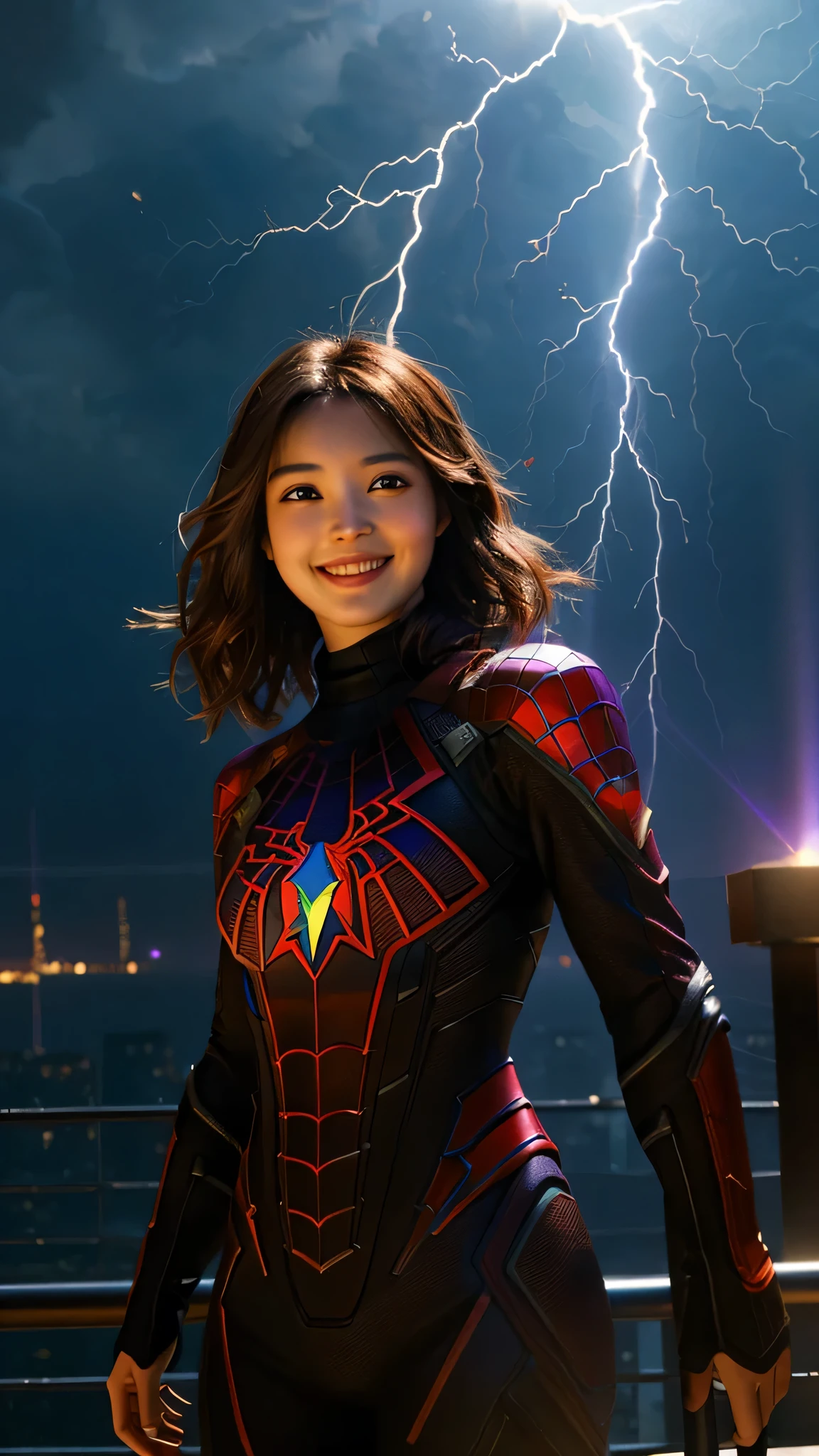 ((Young girl with short brown hair and enchanting purple eyes)), ((masterpiece of depiction)), ((High quality and detail:1.2)), Shapes and poses inspired by Spider-Man 2099, (((smile with a cheerful expression)), Intricately designed spider web pattern), ((Lightning crackles around her)), ((highest quality render:1.1)), very detailed and textured, PBR shading, realistic and photorealistic, 4K resolution, HDR lighting, Post-processing, High quality RAW, Maximum clarity and sharpness, Lighting raytracing, NVIDIA RTX for graphics