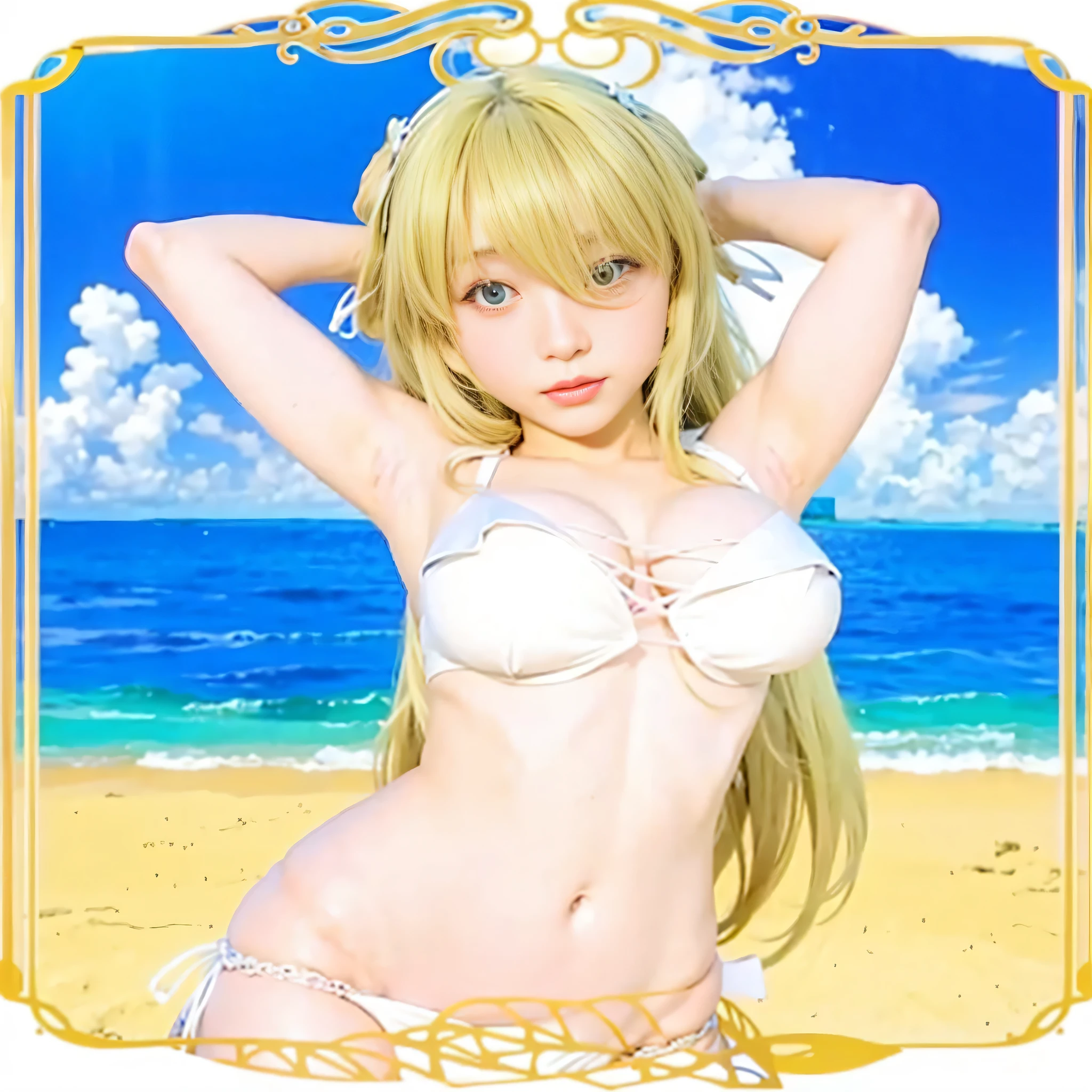 anime girl in a  posing on the beach, at the beach, anime goddess,  anime style, in the beach, at a beach, full body:: sunny weather::, goddess of summer, made with anime painter studio, realistic , sfw version, swimsuit, beaching, , attire: , rin, , at the sea