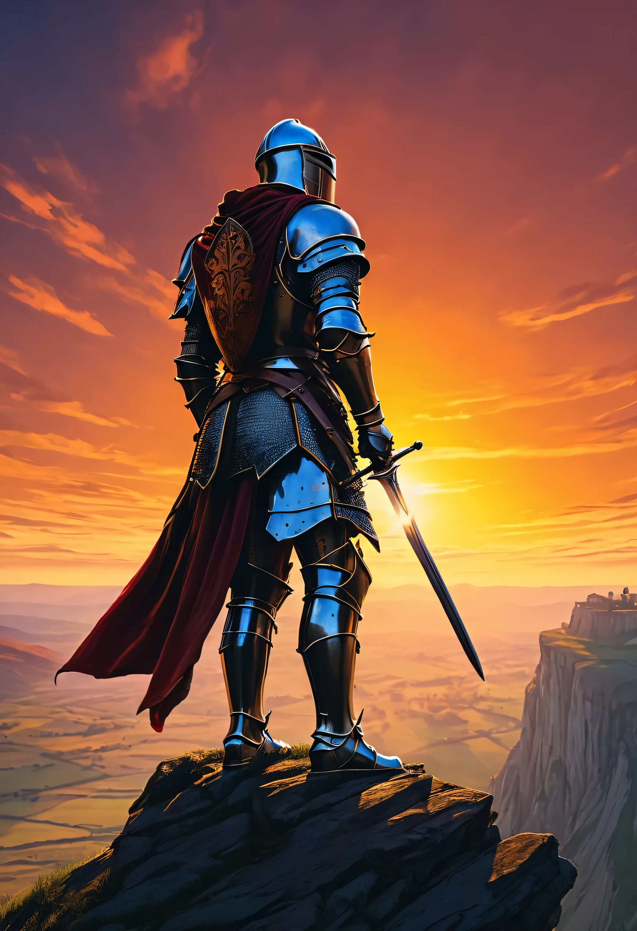 "A valiant knight standing on a cliff overlooking a vast kingdom, with a dramatic sunset casting long shadows."